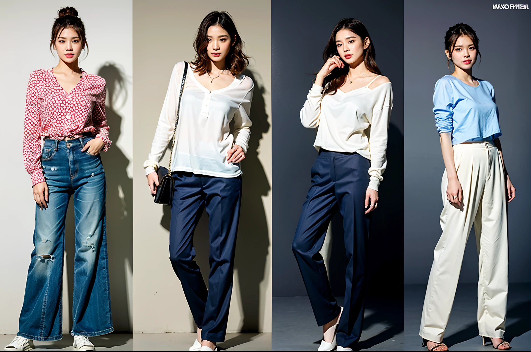 (top-quality、8K、32K、masterpiece、nffsw:1.2)、Photo of cute 21 year old Japan woman、tiny chest、full body Esbian、a necklace、simple background、A smile、Three beautiful women take a picture side by side、The three of them are good friends、Slimed、A slender、realistic skin textures、Realistic、Live action、Fashionable long sleeves、Fashionable long pants、fashion modell、light brown hair、highlights hair、short-hair