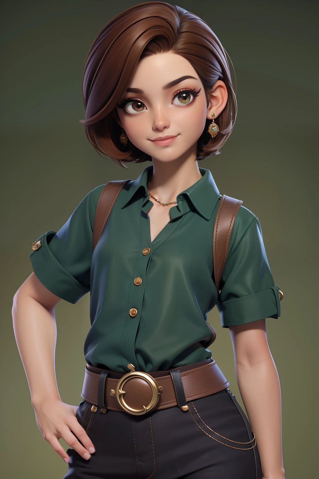 master part, best quality, 1st grade, olhos verdes, pele escura, brown hair, cabelos ondulados, short hair, Brincos, jewelries, pirata, Camisa comprida, fundo simples, sozinho, parte superior do corpo