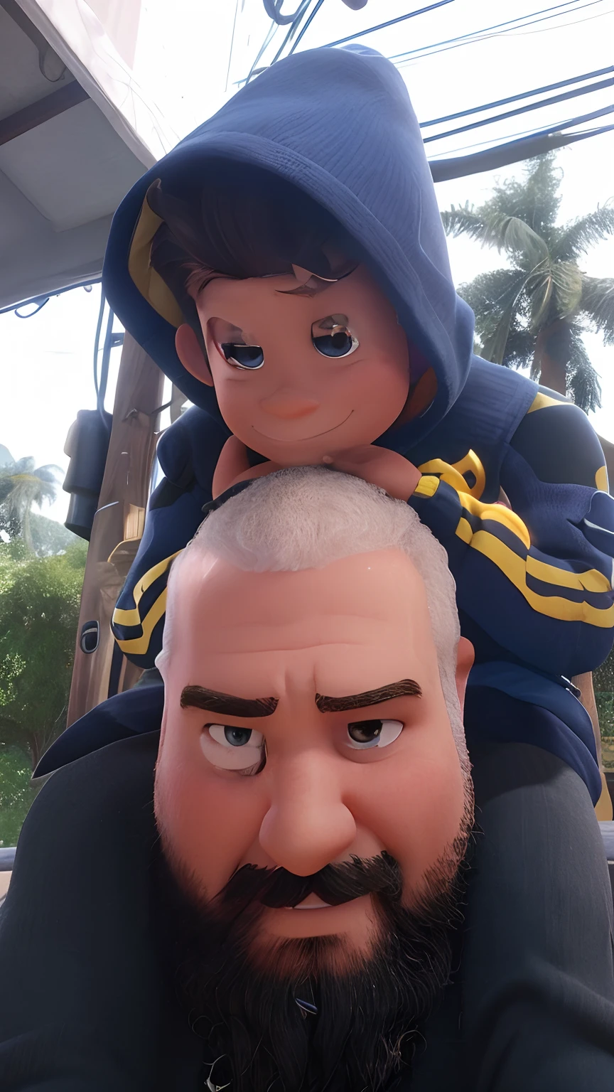 Modelo Pixar:  homem adulto sem nenhum cabelo e barbudo, com seu filho nos ombros