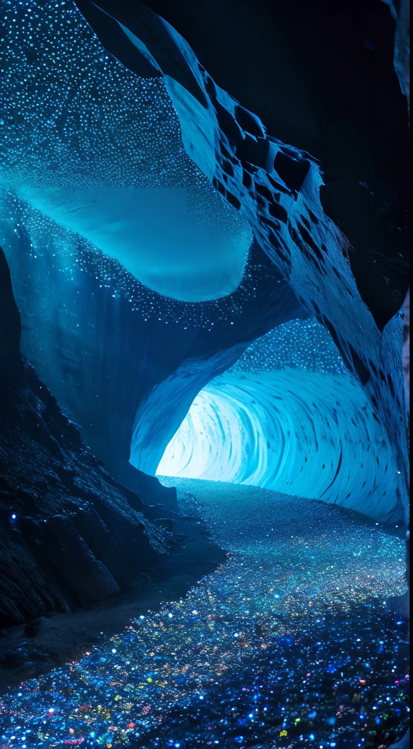 A beautiful and realistic cave that shimmers in blue and black illuminated by sparkling crystals