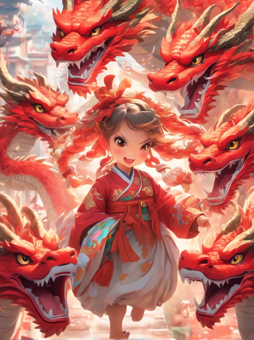 highly details, hyper-detailing,8k, 超高分辨率 ,KIDS ILLUSTRATION,Chubby dragon girl,Colorful cartoon characters,Cute dragons,white backgrounid,Colorful cartoon characters,Chinese red costume,Light,Red vibe,a sticker,