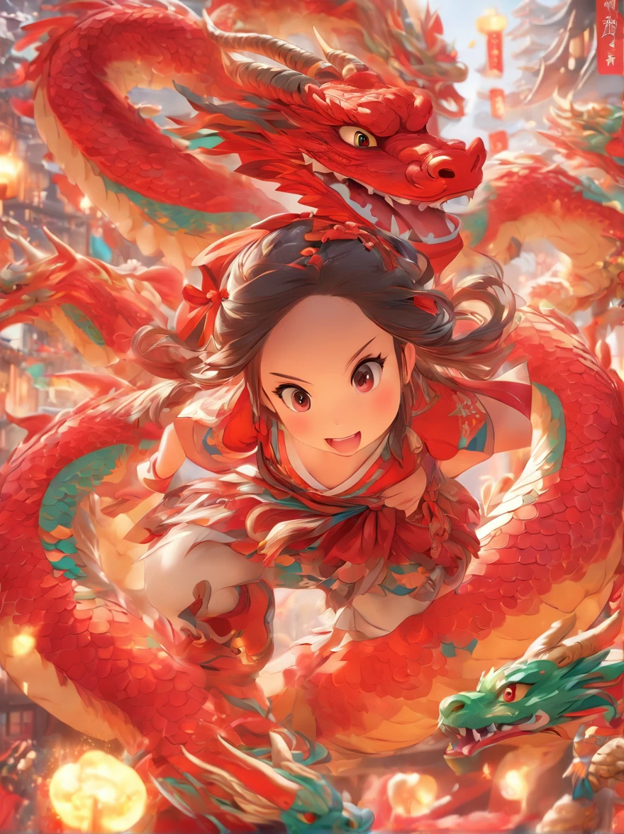 highly details, hyper-detailing,8k， 超高分辨率 ，KIDS ILLUSTRATION，Chubby dragon girl，Colorful cartoon characters，Cute dragons，white backgrounid，Colorful cartoon characters，Chinese red costume，Light，Red vibe，a sticker，