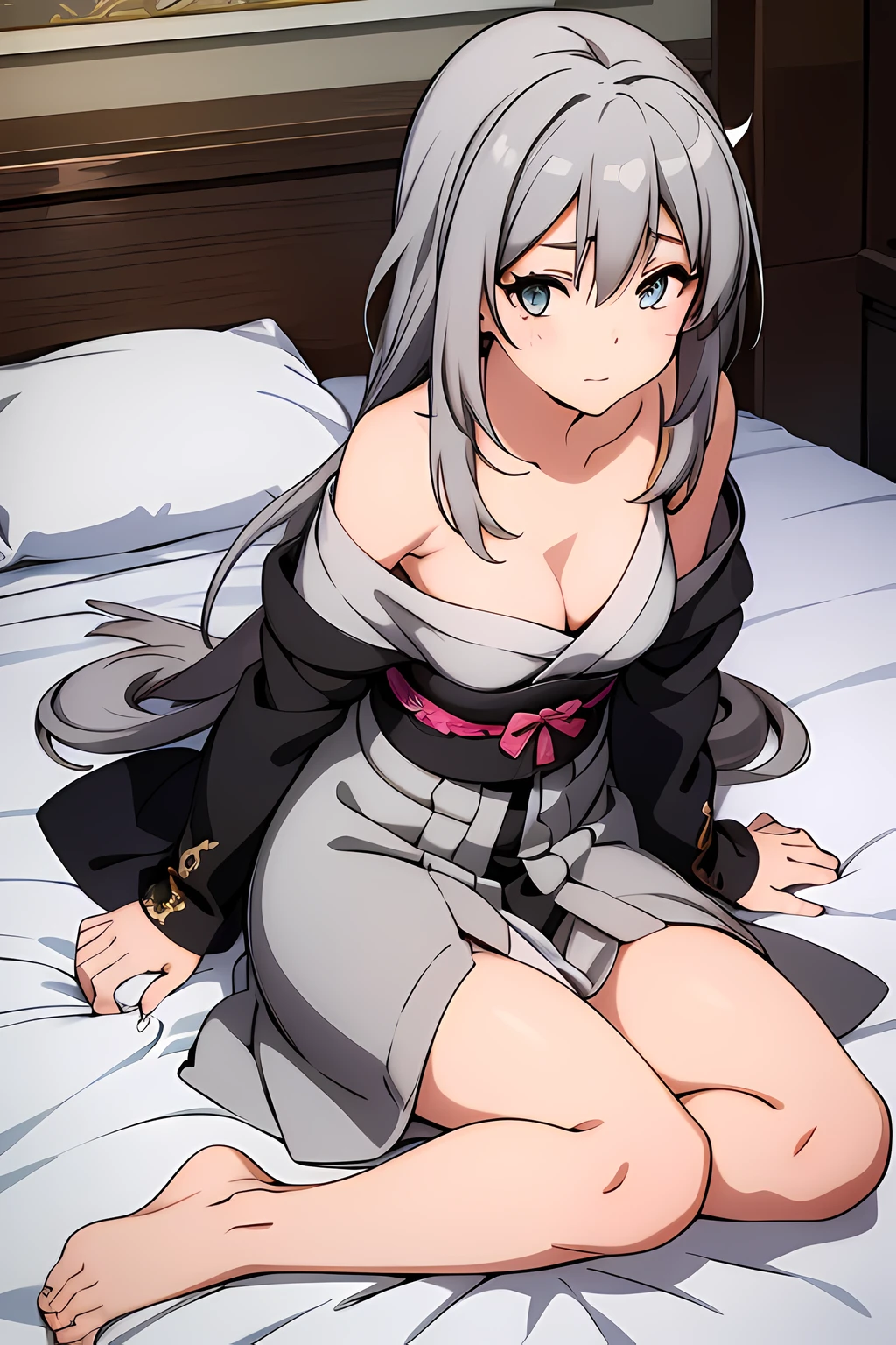 (1girl in),(beautiful eyes finely detailed, Face to detail, gray hair, long hair), wearing kimono, lying down her back in bed, and shy facial expression, looking at viewers, camera angle from front, full body, masterpiece sidelighting, ​masterpiece, top-quality, detailed, High resolution illustration