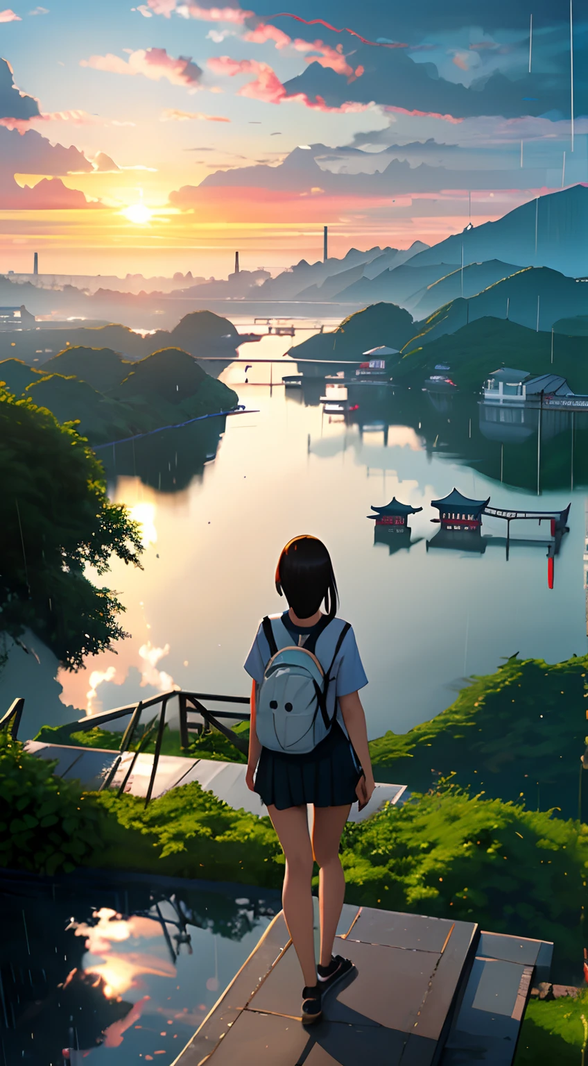 SFW, 1girl, solo focus, pov, very wide shot, landscape, east asian architecture, sunlight, sunrise, floating, cloud, sky, rain, water, full body, outdoors, scenery, depth of field
