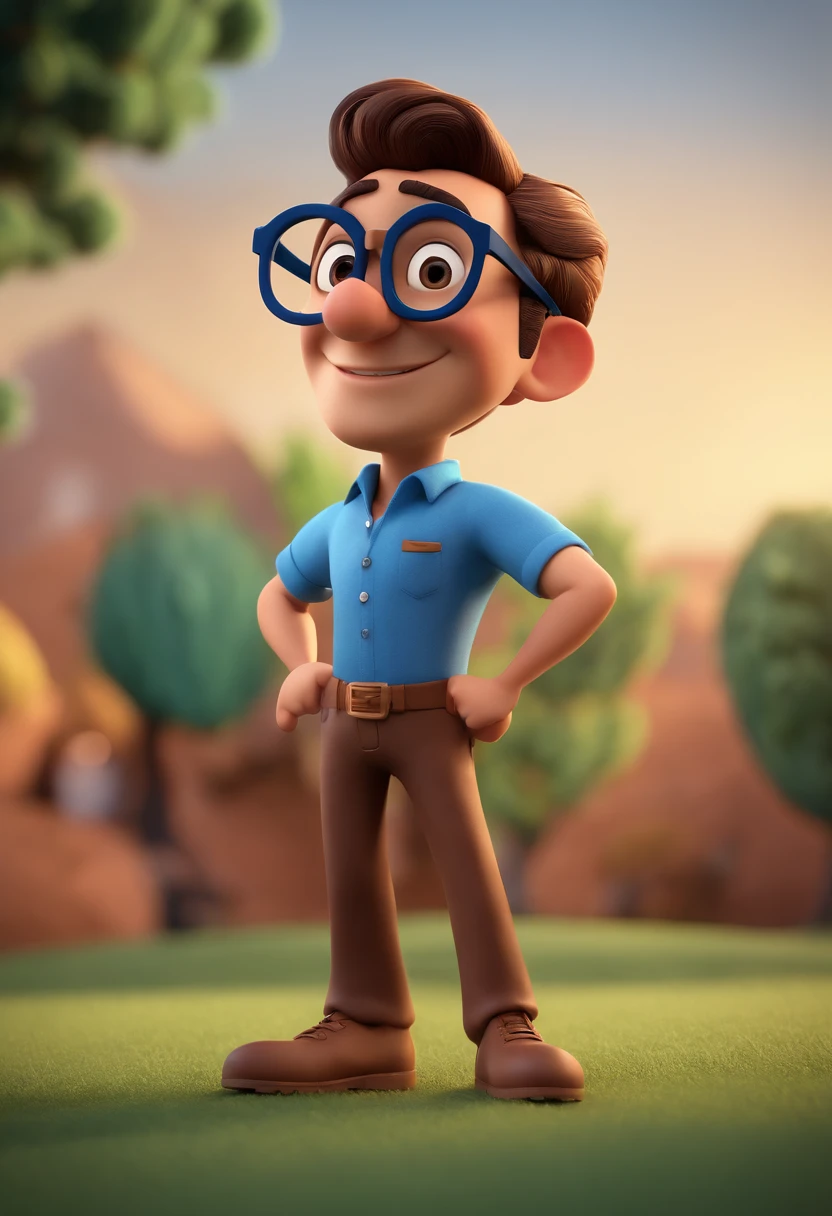 Cartoon character of a man with black glasses and a blue shirt, animation character, Caractere estilizado, animation style rendering, 3D estilizado, Arnold Maya render, 3 d render stylized, toon render keyshot, Personagem 3D, Personagem 3D, 3d rendering stylized, 3 d character render, personagem de desenho animado, Personagem de close up, Pose de personagem, (Estilo Pixar) (master part:1.2) (Bokeh) (best quality) (pele detalhada) (textura detalhada) (8k) (argila) (Cinematic lighting) (foco nítido
