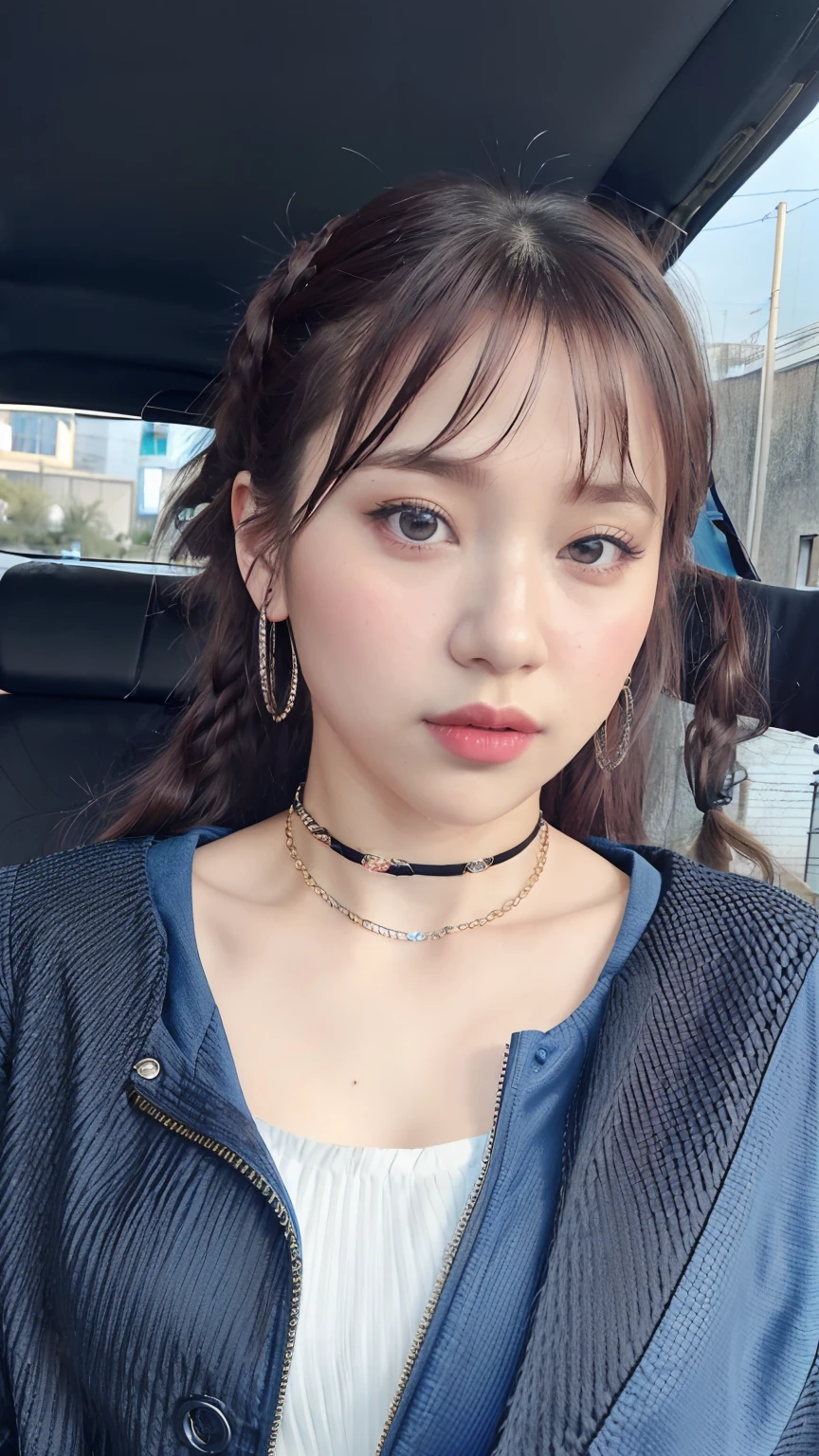 1girll, aqua eyes, back, bangs, Bare shoulders, Black gloves, Blue eyes, Braid, choker necklace, Earrings, Fingerless gloves, From behind, mitts, whaite hair, Holding, Jacket, jewelry, Long hair, view the viewer, Looking back, nail polish, cropped shoulders, parted lip, Piercing, pony tails, Red jacket, Solo, Upper body,Bai Yi,[[Realistic]],(Shiny skin),(Masterpiece:1.4),(Best quality:1.4)