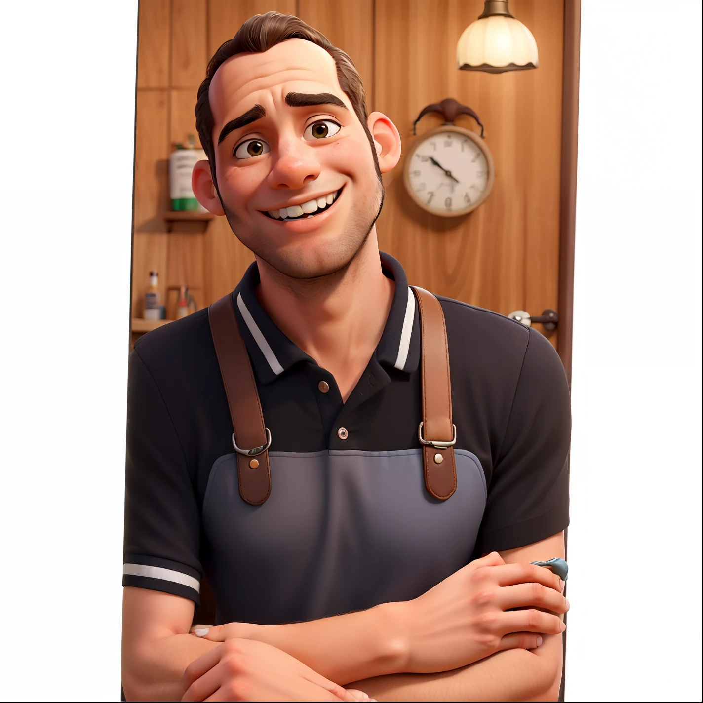 Obra-prima, de melhor qualidade, um jovem com avental escrito " TROIS" , em uma barbearia