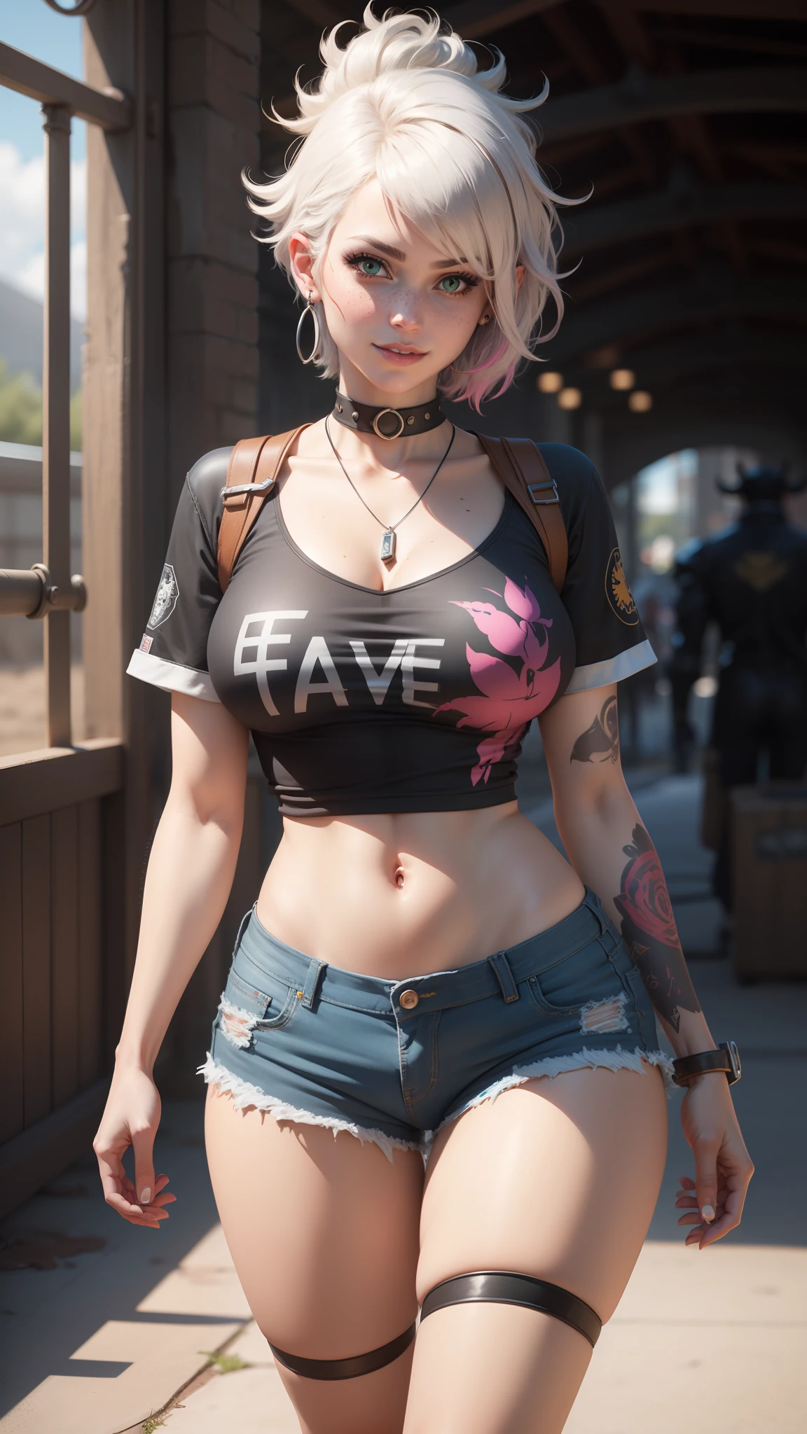 gwen tennyson,tracer,y'shtola rhul,yorha 2b,overwatch,nier automata,mecha pilot,ranch,tattoos,orange and pink plugsuit,red short sleeve cowboy top,denim micro shorts,uncovered belly,short hair,punk makeup,green eyes,multicolored silver hair,sexy smile,freckles,beautiful girl,large breasts,8k,ultra detailed,realistic,fantasy art,ear piercings,cowboy uniform,saiyan girl,short sleeve cowboy jacket,cow farm,walking,chain necklace,cowboy hat,