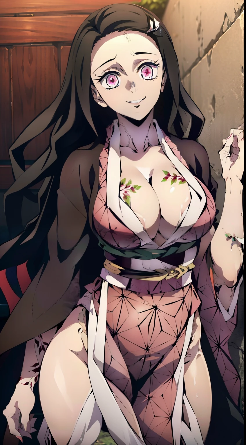 Erotica, Very sexy ass, waist, legsupms, Extraordinarily beautiful composition, erotic pose, (Body Full 1.1.), ultra sharp image, Beautiful figure, Gloomy sexy pose background, in full height, ssmile, Adorable smile, leaning on the wall, stands sideways, ultra detail face, Ultra Transparent, Nezuko Kamado from Demon Slayer, ultra sharp image, Ultra Beautiful, lovely small breasts. black  hair, Transition to red, Japanese bath, Beautiful figure, taut clothes, black cape on pink kimano, big breastes, Smiling, green colored eyes, handsome body, sexy clothes, Beautiful eyes, very detailed eyes, Very detailed face, handsome body, Cherecter Desing, Sex position, Very detailed, Detailed body, Detailed hands, Detailed, Vibrants, Detailed Face, sharp-focus, WLOP, artgerm, anime art, Vibrants, Detailed Face, Hugh Details, sharp-focus, Very drooping face, A detailed eye, super fine illustration, better shadow, finely detail, Beautiful detail