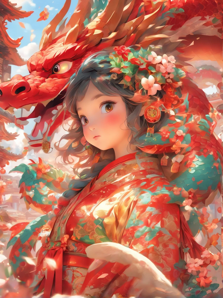 highly details, hyper-detailing,8k， 超高分辨率 ，KIDS ILLUSTRATION，Chubby dragon girl，Colorful cartoon characters，The cute dragon lies on the girl's head，white backgrounid，Colorful cartoon characters，Chinese red costume，Light，Red vibe，a sticker，