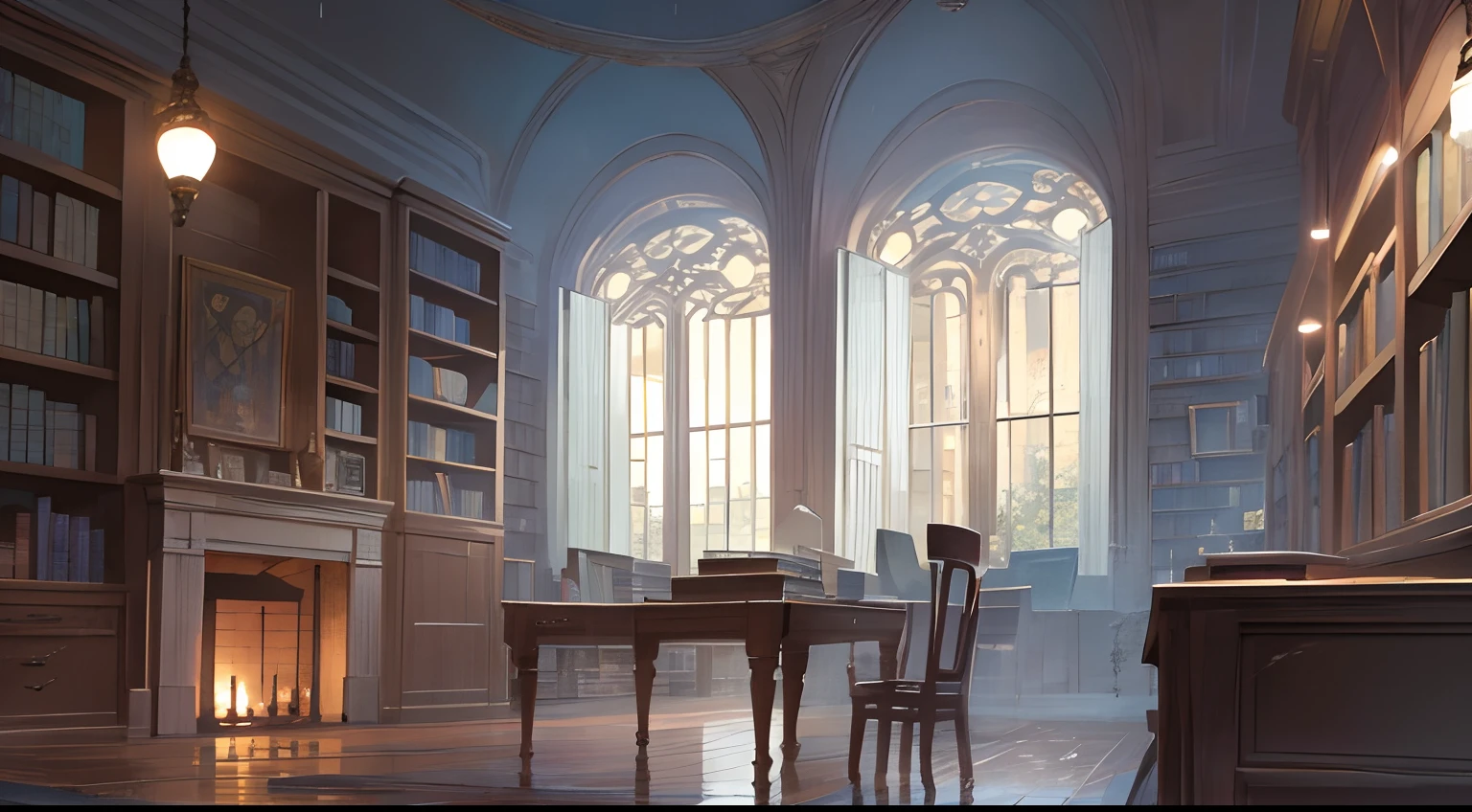 library on a rainy day illustration fireplace large night library dark outside the window graphic top quality landscape night lots of books bookshelf dark colors big desk