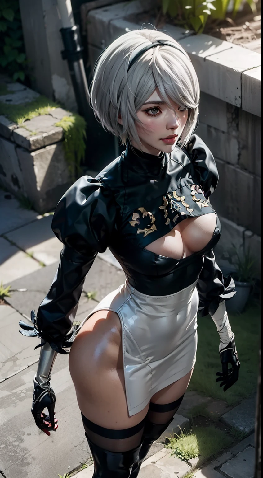Camera from above, leans forward, Standing on the edge, stands, Camera from above, Frame from above, shapely legs, stands on the edge of the roof, White Hair Bob, ashy hair, The eyes are covered with a bandage, Cyan eyes, black dress with a short skirt, short black skirt, The skirt covers the buttocks, neckline on the chest, white panty, black stockings, high black boots, high-heeled boots, very extremely beautiful, Small firm buttocks, Slender figure, Full-length(Body Full 1.1),Game nier automata, ruined city, The city, overgrown with plants, Ruins, high detail official illustrations, ((beautiful fantasy girl)),Red Small Breasts, Her breasts are sticking out from under her clothes, BREAK (Master Part: 1.2), Best Quality, High Resolution, photorealestic, photogenic, Unity 8k壁纸, (illustartion: 0.8), (Beautiful detailed bluish-gray eyes: 1.6), extremely detailed face, perfect lighting, extremely detailed CGI , (perfect arms, perfect anatomy), A girl with perfect breasts, beatiful face, master study, intricate details, Detalhes realistas, the anime, (Based on nier automata) the perfect body, The Perfect Girl, perfect details, Ultra HD |, 8K, Professional photo, Anime Style 2B,