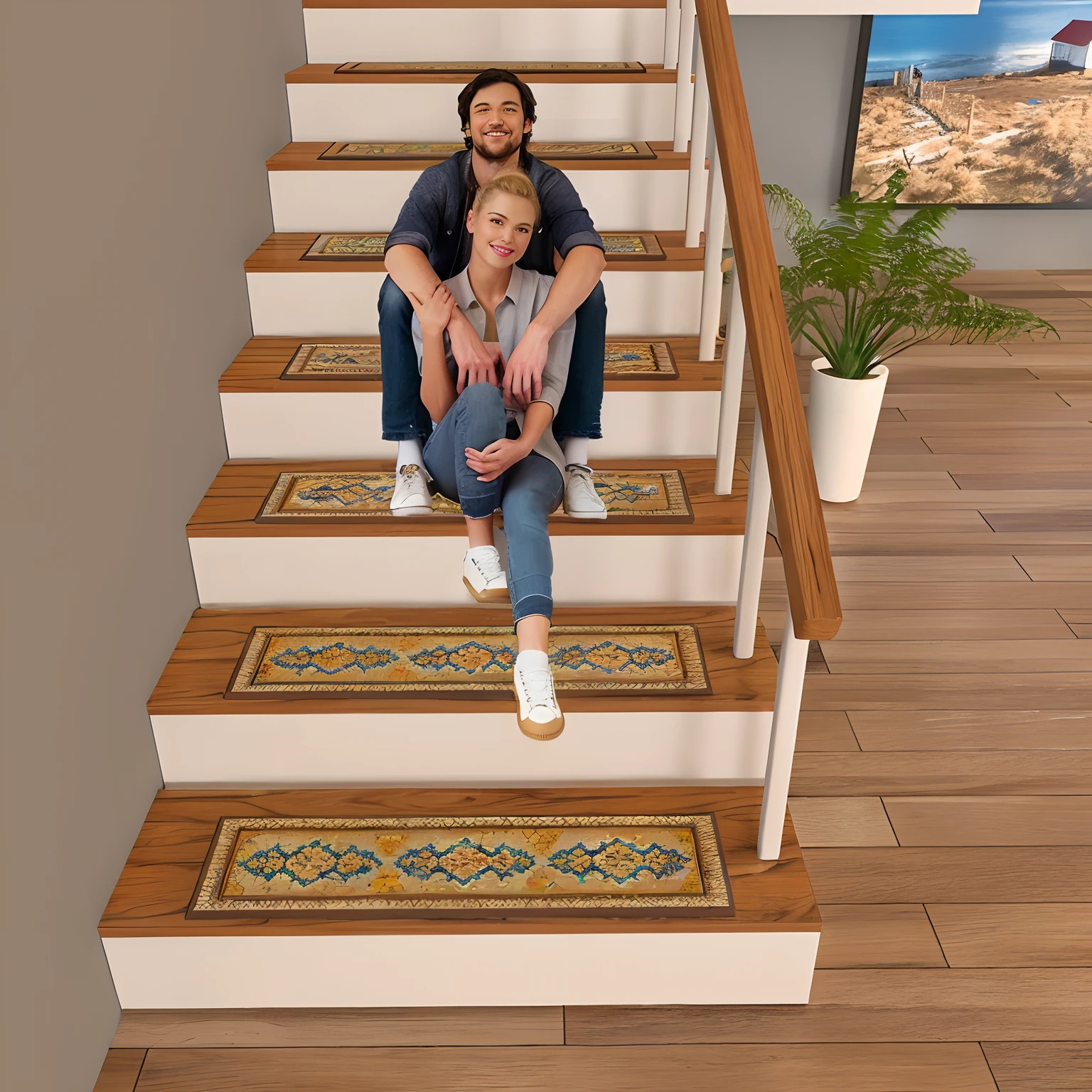 A couple is sitting on the stairs of the house, everything is carpet and 3d, most popular, advertising photograph, Wooden stairs, In the evening, artistic pose, stairways, true realistic image, maxar, 1 staircase, Stable appearance, by Milton Menasco, stairways, on a mosaic marble floor dais, author:an album cover by Dan Content, Modern look, 8 x