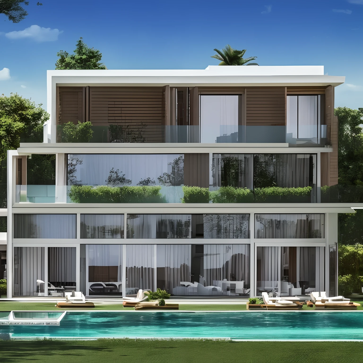 Modern Luxury Mansion with pool of different models with different materials hyper realistic super detailed Dynamic shooting Centerpiece Scene Three points Perspective Camera view Hyper realistic Super Detailed Materials