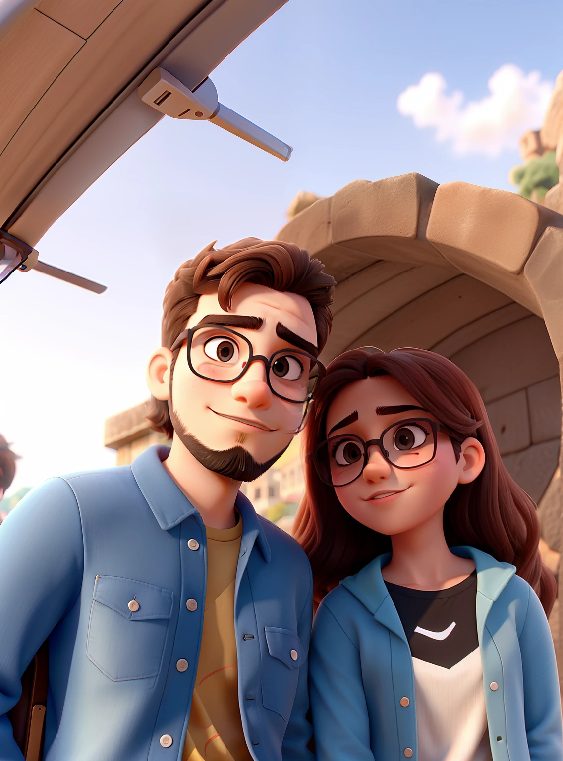 Young couple with sunglasses and passionate look. O jovem rapaz tem barba no rosto todo. The two of them are in a very beautiful background landscape