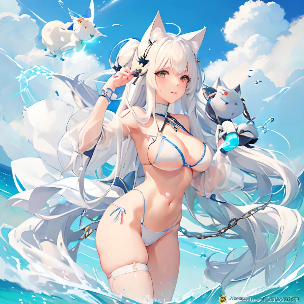 Bikini and cat-eared woman in chains, White Cat Girl, white - haired fox, White fox anime, SFW version, azur lane style, White fox, Top Rated on pixiv, Trending on ArtStation pixiv, pixiv 3dcg, from the azur lane videogame, from arknights, Large Chain