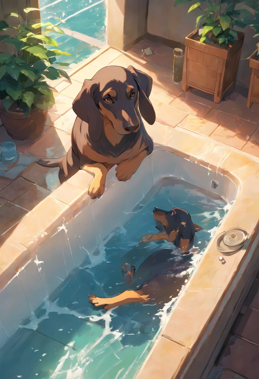 In a natural bath in the open air, un Doberman americano descansa tranquilamente, Sumergirse en el agua tibia del manantial. Rest on the edge of the bathtub, contemplando los alrededores. Su pelaje es suave y esponjoso, apparently melting with rising steam. Ocasionalmente, Interact with other macaques, creando una imagen de disfrute sereno.
BREAK
The dog's presence blends seamlessly with the steam as it soaks in the thermal water.