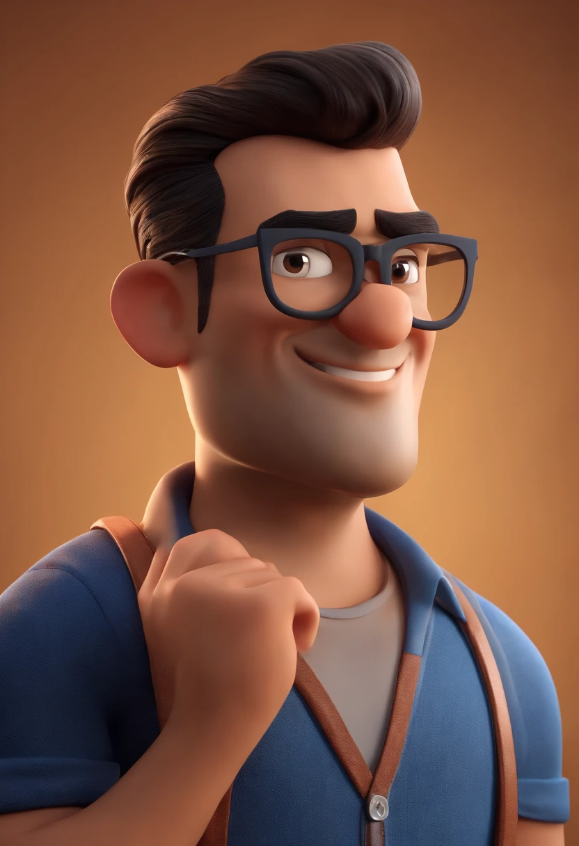 Cartoon character of a man wearing black glasses and a blue shirt, um personagem animado, Caractere estilizado, animation style rendering, 3D estilizado, Arnold Maya render, 3 d render stylized, toon render keyshot, Personagem 3D, Personagem 3D, 3d rendering stylized, 3 d character render, personagem de desenho animado, Personagem de close up, Pose de personagem, (Estilo Pixar) (master part:1.2) (Bokeh) (best quality) (pele detalhada) (textura detalhada) (8k) (argila) (Cinematic lighting) (foco nítido,Senta e vaza a parte superior do corpo