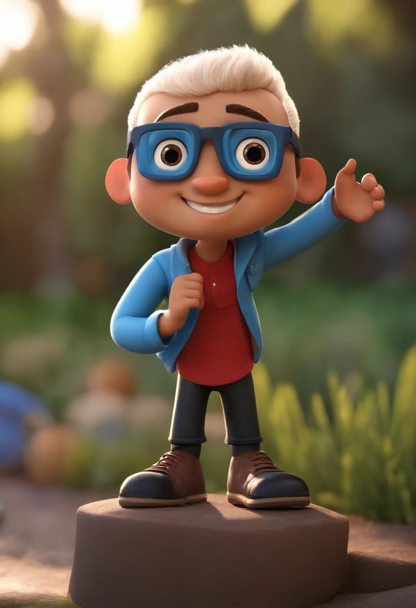 Cartoon character of a man wearing black glasses and a blue shirt, um personagem animado, Caractere estilizado, animation style rendering, 3D estilizado, Arnold Maya render, 3 d render stylized, toon render keyshot, Personagem 3D, Personagem 3D, 3d rendering stylized, 3 d character render, personagem de desenho animado, Personagem de close up, Pose de personagem, (Estilo Pixar) (master part:1.2) (Bokeh) (best quality) (pele detalhada) (textura detalhada) (8k) (argila) (Cinematic lighting) (foco nítido,Senta e vaza a parte superior do corpo
