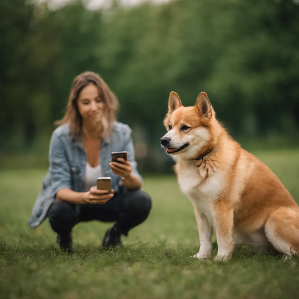 Realistic photography style,Happiness,A dog holding iphone taking selfie in dog park,green grass background, drawing of two people standing side by side, anthropomorphic Shiba Inu, precisely drawn details, natural light and shadow.