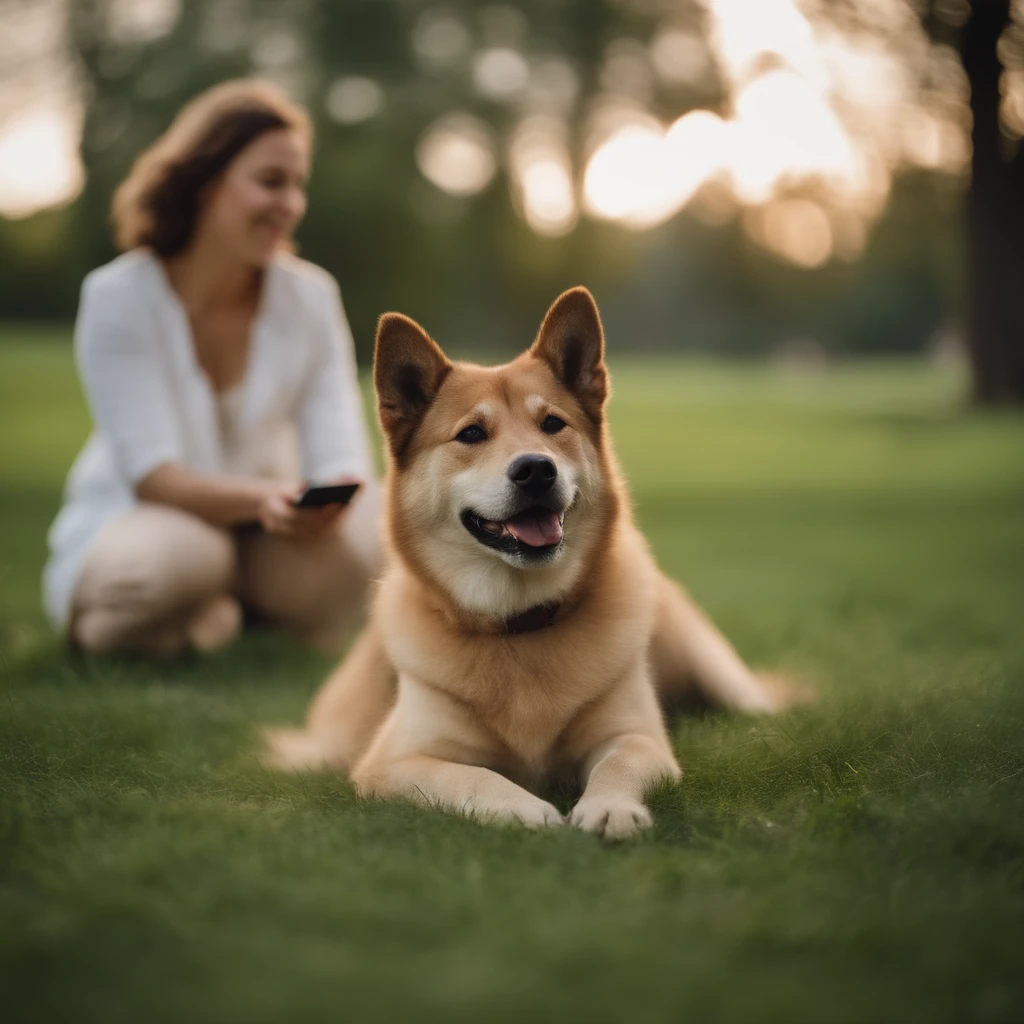 Realistic photography style,Happiness,A dog holding iphone taking selfie in dog park,green grass background, drawing of two people standing side by side, anthropomorphic Shiba Inu, precisely drawn details, natural light and shadow.