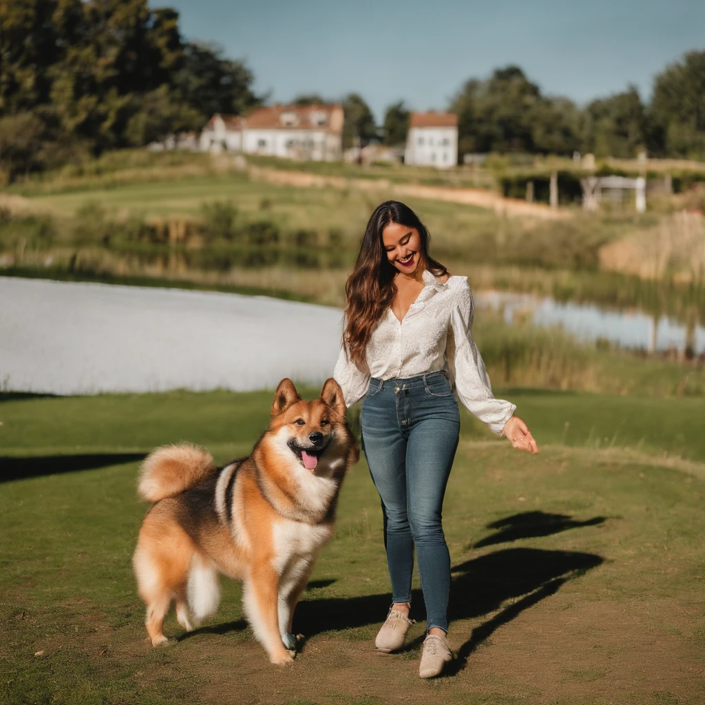 Realistic photography style,Happiness,A dog holding iphone taking selfie in dog park,green grass background, drawing of two people standing side by side, anthropomorphic Shiba Inu, precisely drawn details, natural light and shadow.