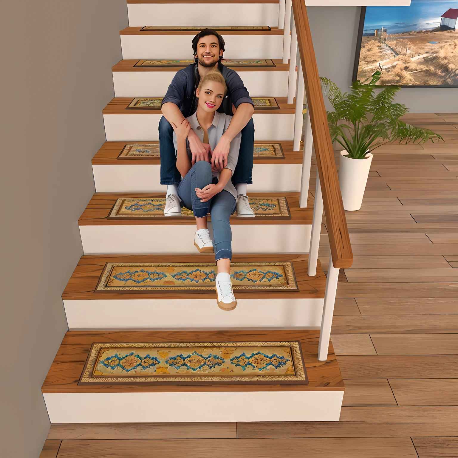 A couple is sitting on the stairs of the house, everything is carpet and 3d, most popular, advertising photograph, Wooden stairs, In the evening, artistic pose, stairways, true realistic image, maxar, 1 staircase, Stable appearance, by Milton Menasco, stairways, on a mosaic marble floor dais, author:an album cover by Dan Content, Modern look, 8 x