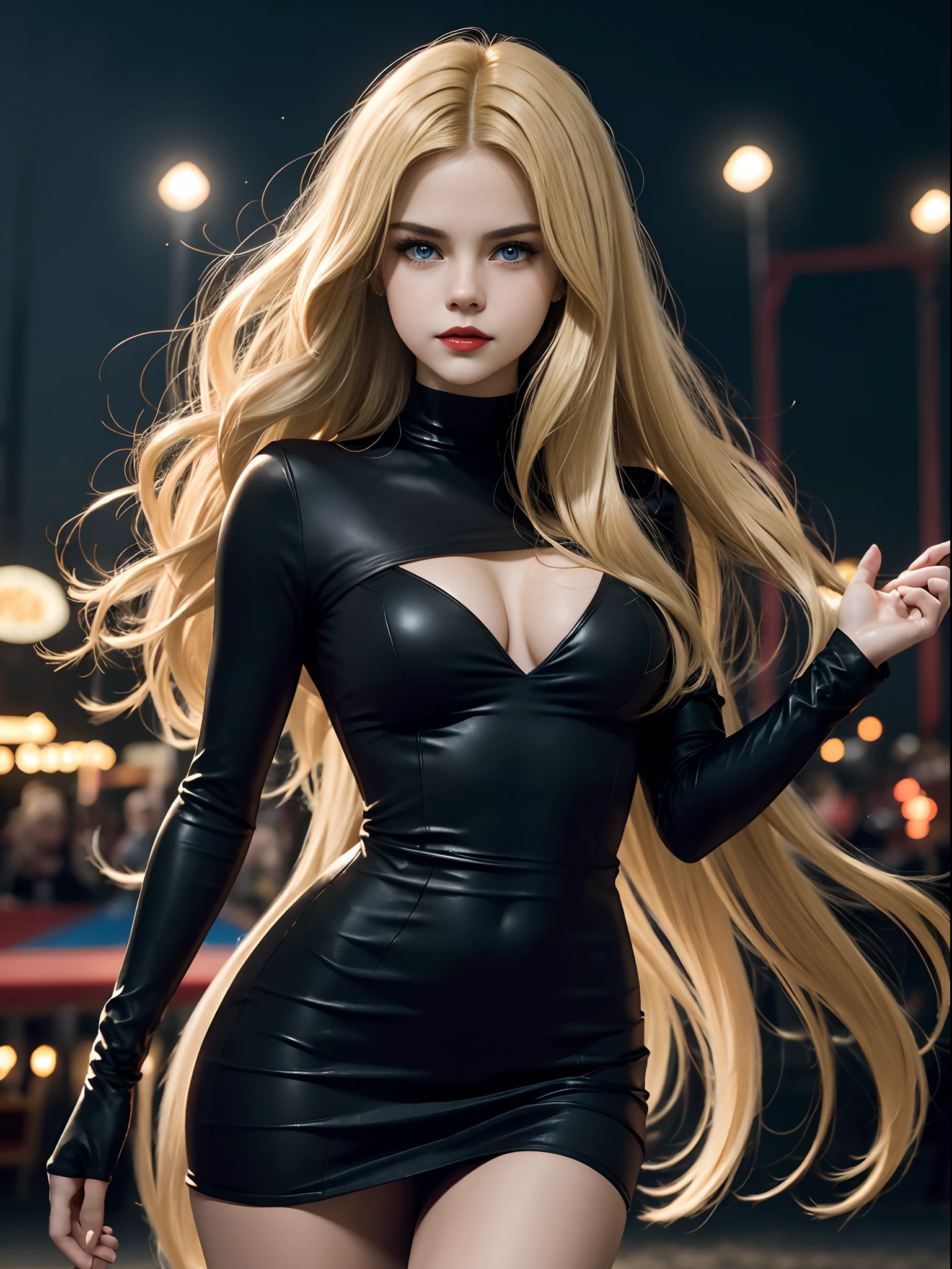 1girl ((( Selena Gomez:Emma Watson:0.7))) (Blue Eyes), smiling, wide hips, Big Boobs, big ass, (Best Quality, 8k, Masterpiece: 1.3), perfect hands, Clear Focus: 1.2, Perfect Body Beauty: 1.4 , Slender Abs: 1.2, Highly detailed face and skin texture, detailed eyes, double eyelids, red lips, (blonde long hair), wearing a little Black dress (( black)) standing, dynamic pose, in an amusement park at night illuminated by the lights of the games, Colored lights, deep on field