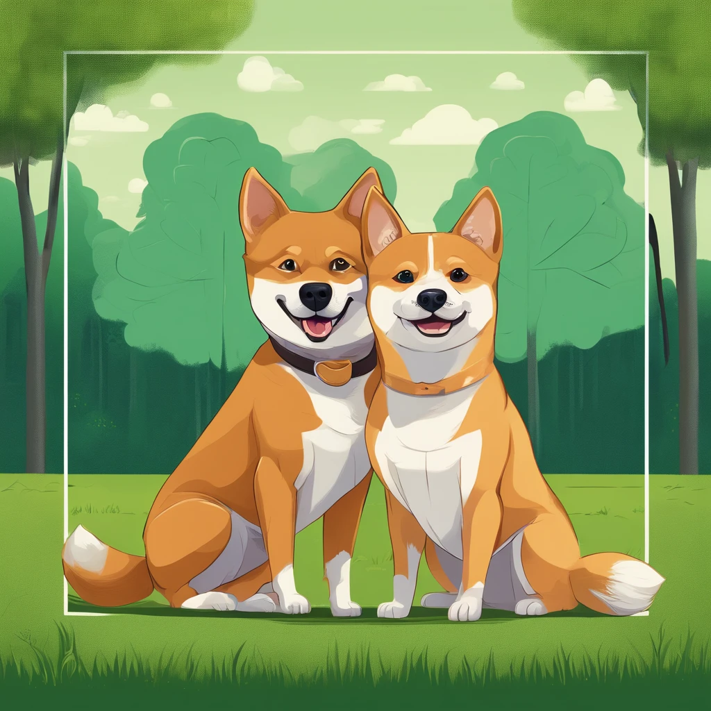 Realistic photography style,A dog holding iphone taking selfie in dog park,green grass background, drawing of two people standing side by side, anthropomorphic Shiba Inu, precisely drawn details, natural light and shadow.