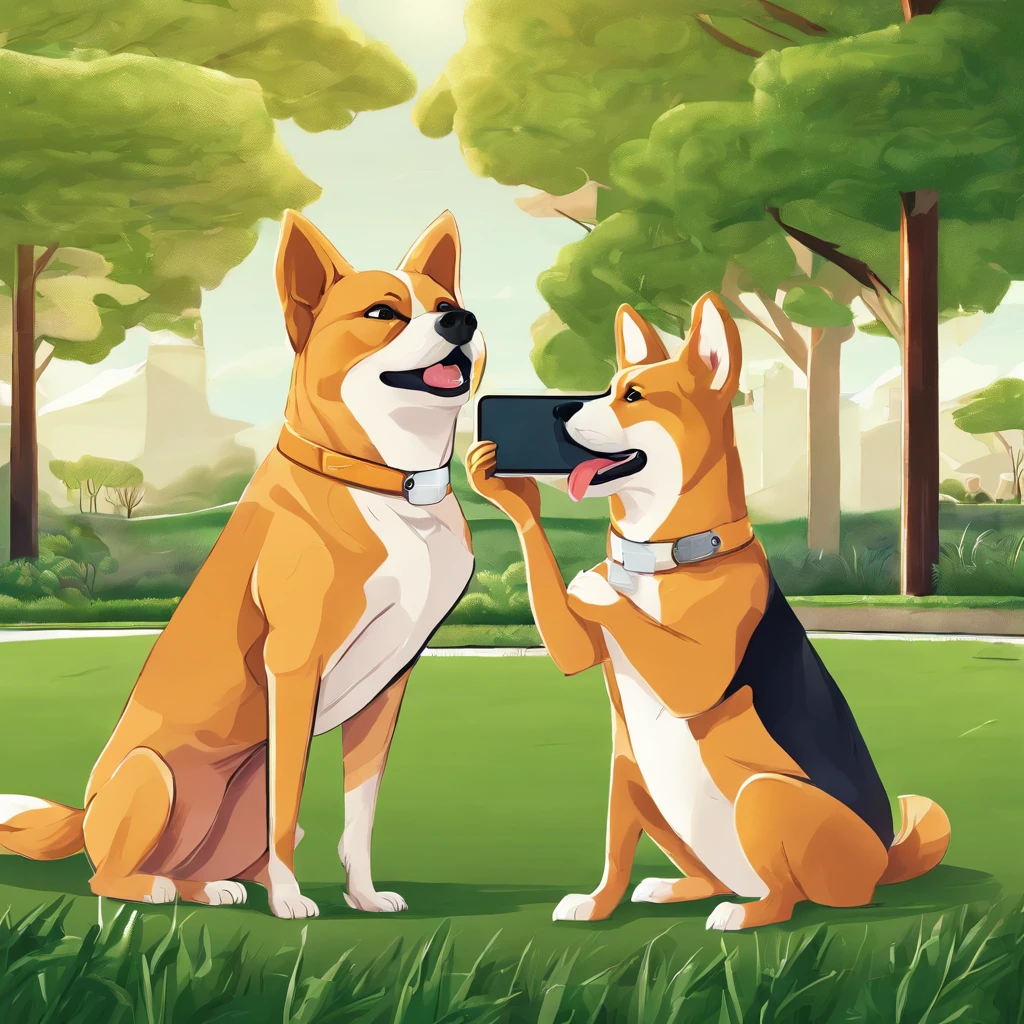 Realistic photography style,A dog holding iphone taking selfie in dog park,green grass background, drawing of two people standing side by side, anthropomorphic Shiba Inu, precisely drawn details, natural light and shadow.