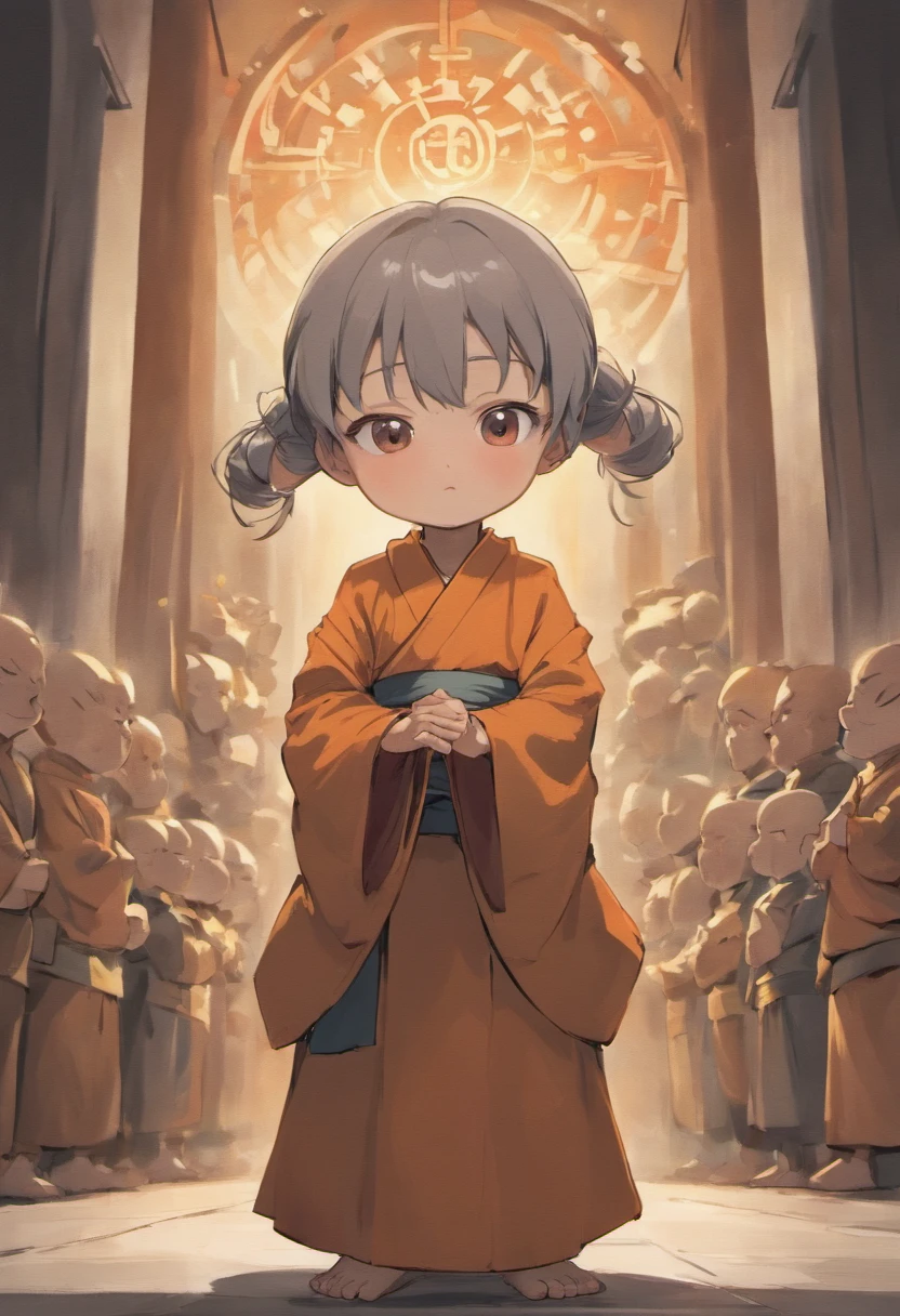 5-year-old little monk, wearing gray monk clothes, with various postures and expressions on a white background, children's book illustration style, simple and cute, divided into 9 different images, shot from multiple angles