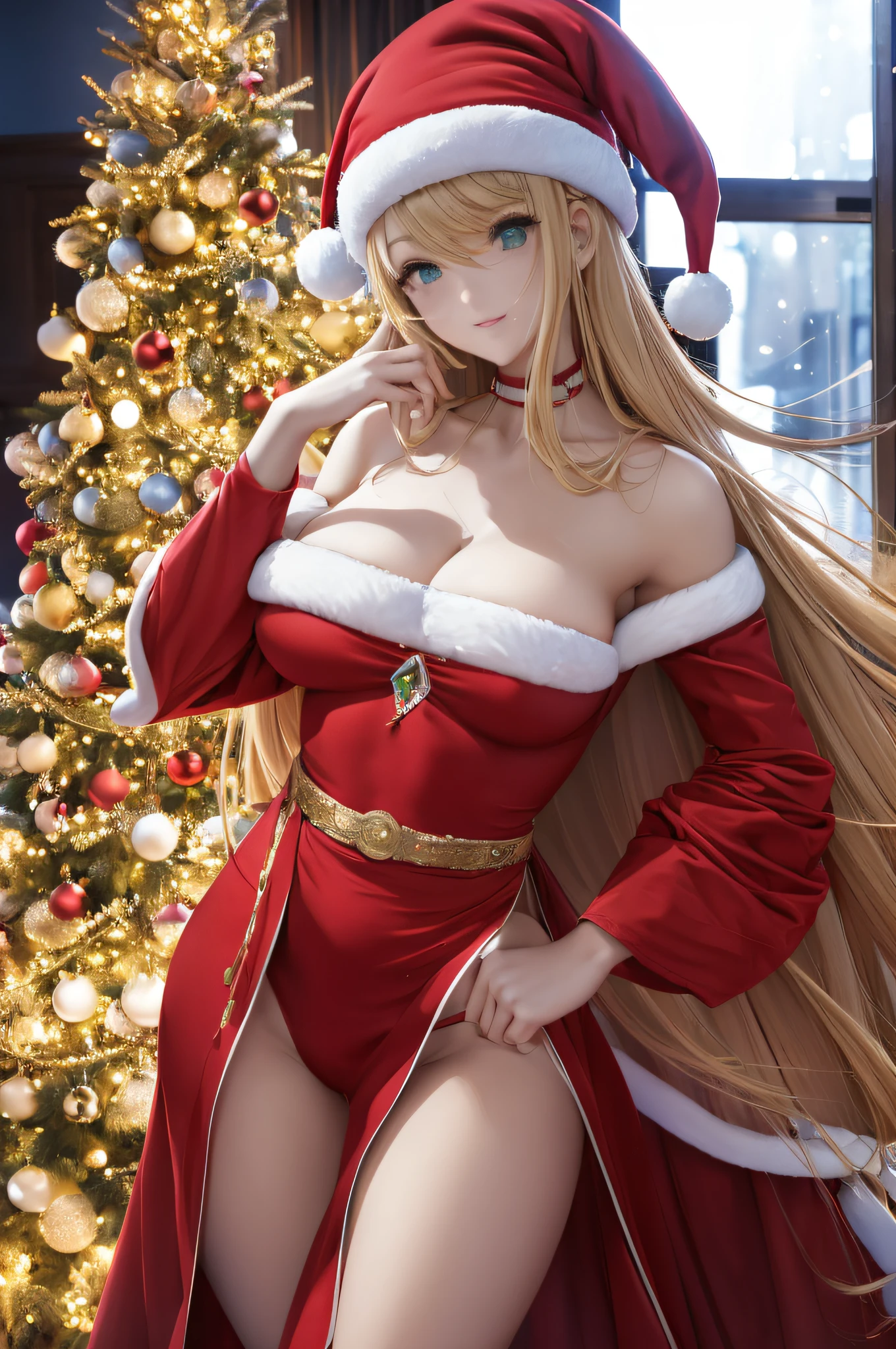 ( qualidade 8k ), ( melhor qualidade ), ( Ultra HD | ), ( Anatomia do personagem perfeita ), ( perfect lighting ), ( Foto corpo inteiro 8k ), ( Detalhamentos perfeitos ), ( Detalhes do personagem perfeitos ), ( Details of the perfect setting ), ( obra prima ), ( Simetria do rosto do personagem perfeito ), ( Construction of the body of the delicate female character ), Sra. Claus decorating his Christmas tree, Putting Gifts on the Christmas Tree, usando lindo traje moderno natalino, (traje vermelho), vestimenta natalina com capa vermelha, (fluttering cover), Reindeer soaring through the skies, Classic Christmas Scenery, Rua de Nova Iorque