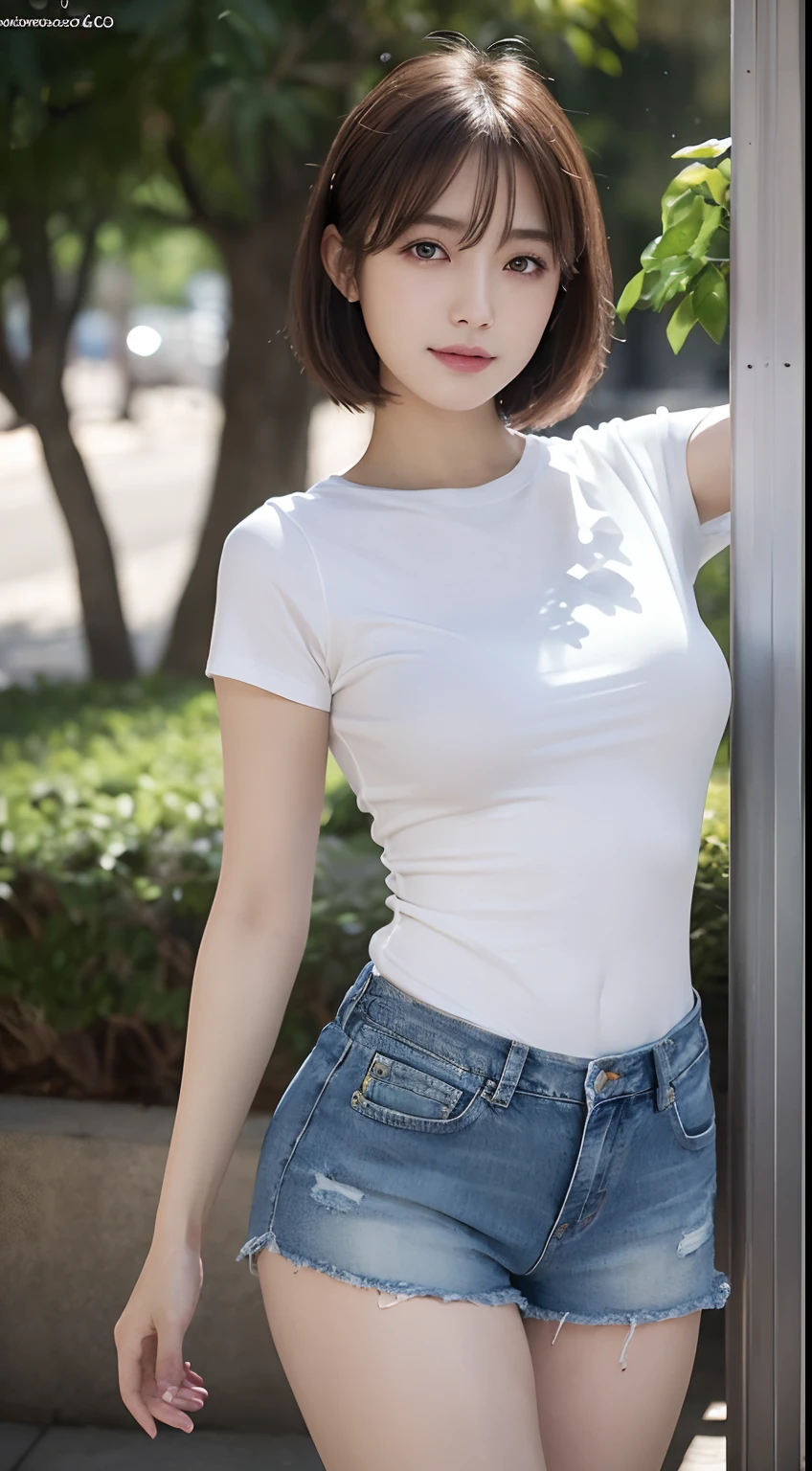 ((top-quality、8k masterpieces:1.3))、(ultra beautiful faces:1.0)、(shinny skin:1.0)、photos realistic、Brown hair,  short bob hair, layer cut, her hair swaying in the wind, Video Lighting、High-definition eyes and face、Sleeveless shirt、denim Skirt, 1 japanese girl, Neat and clean beauty, Cute, from the front side、medium breasts、A slight smile, English Herb Garden