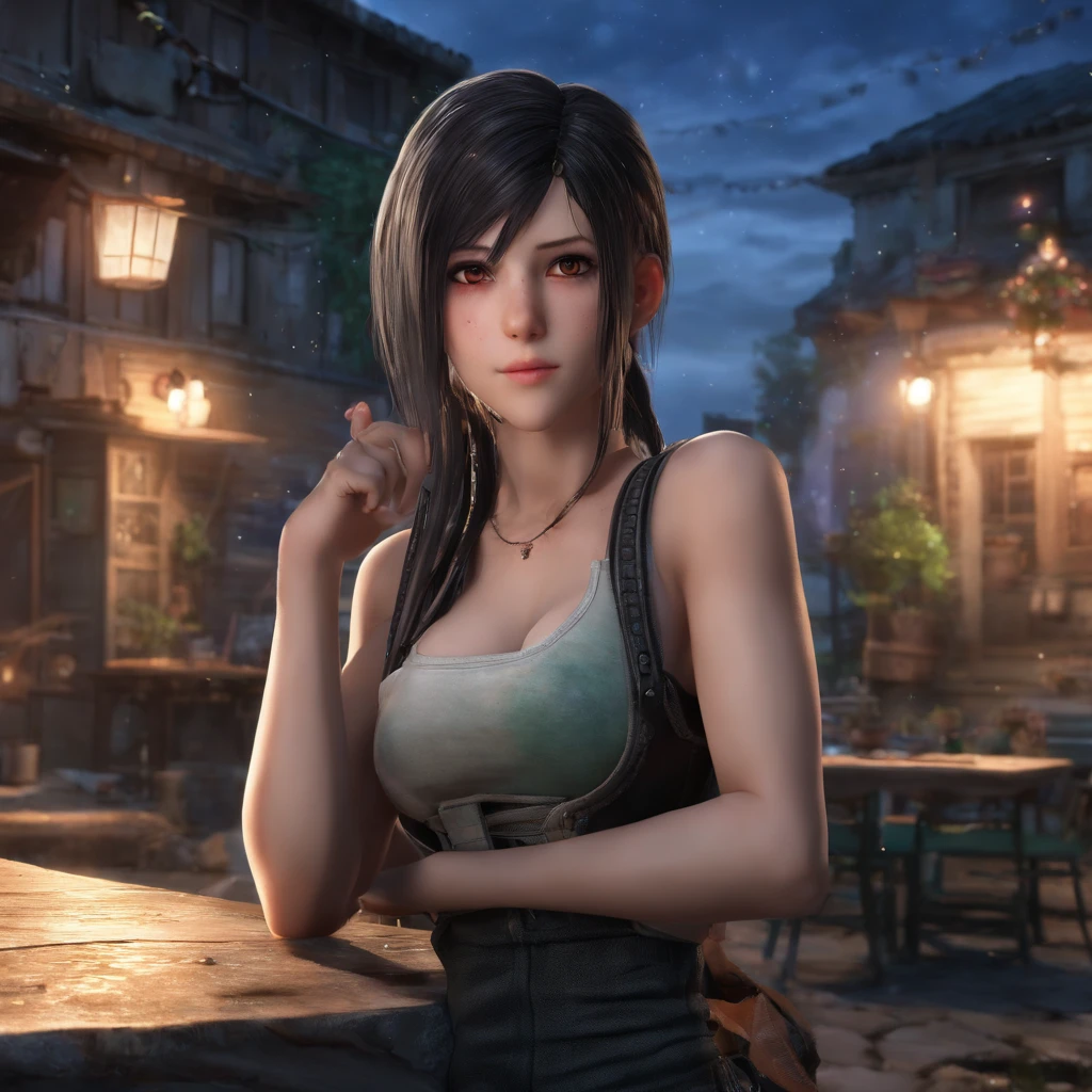 tifa lockhart, mksks style, (very detailed background:1.0), (highly detailed background:1.0), final fantasy vii remake, (red eyes), 1girl, bare shoulders, aqua dress, black hair, green dress, sleeveless dress , sundress, house, long hair, night, night sky, open mouth, outdoors, ponytail, sitting, sky, naked, star (sky), starry sky, town, aged down, small breasts),