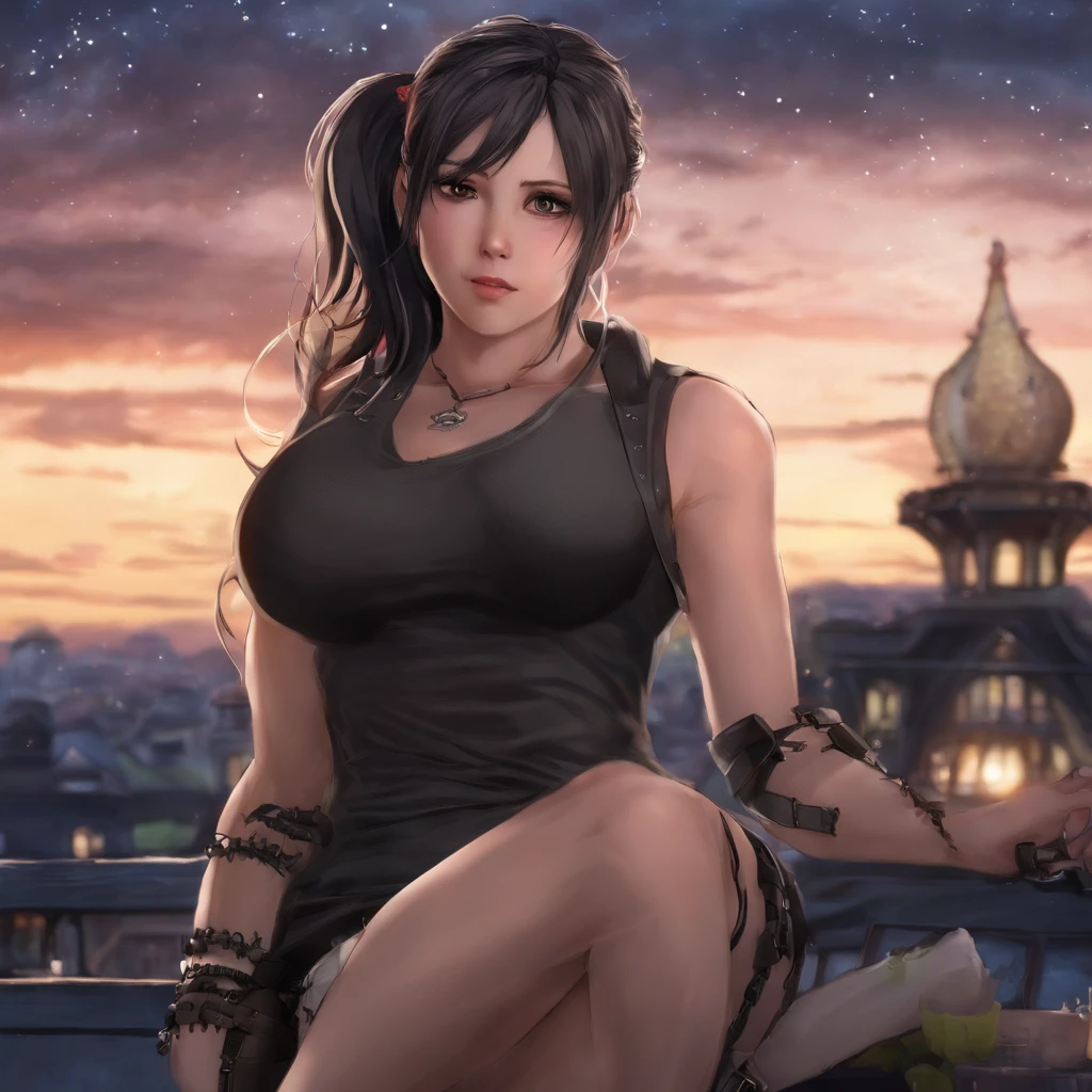 tifa lockhart, mksks style, (very detailed background:1.0), (highly detailed background:1.0), final fantasy vii remake, (red eyes), 1girl, bare shoulders, aqua dress, black hair, green dress, sleeveless dress , sundress, house, long hair, night, night sky, open mouth, outdoors, ponytail, sitting, sky, naked, star (sky), starry sky, town, aged down, small breasts),