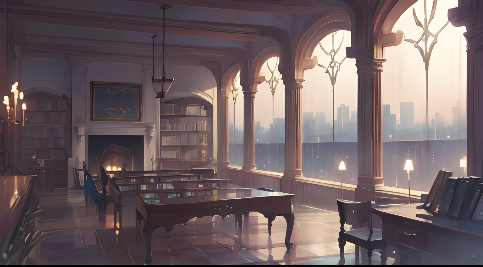 library on a rainy day illustration rainy view outside the window fireplace large night library dark interior graphic top quality landscape night lots of books bookshelf dark color big desk