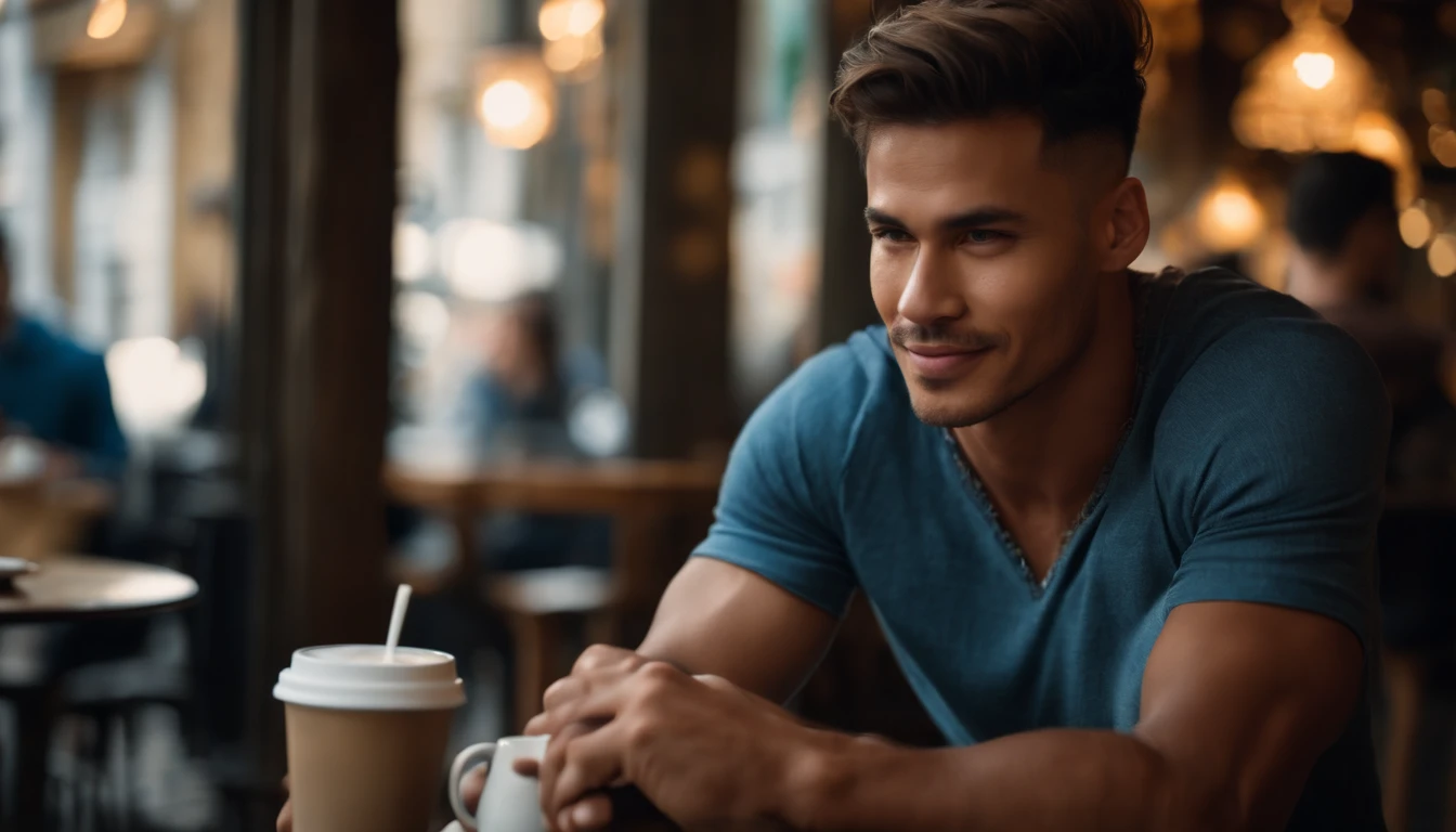 photo of stunning handsome muscular Thai men, no female, honey eyes, short messy windy light brown hair, flipping hair, closeup zoomed in tight crop portrait, sitting at a cafe (french coffee shop scene:1.2) wearing a (linen shorts no shirt:1.3) (coffee in hand:1.3) (Lighting-blue:1.2) foreground objects background details (masterpiece:1.2) (photorealistic:1.2) (bokeh:1.2) (best quality) (color grading) (detailed skin:1.3) (intricate) (8k) (HDR) (cinematic lighting:1.3) (sharp focus), messy windy hair Paris France