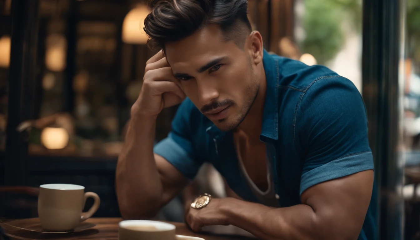 photo of stunning handsome muscular Thai men, no female, honey eyes, short messy windy light brown hair, flipping hair, closeup zoomed in tight crop portrait, sitting at a cafe (french coffee shop scene:1.2) wearing a (linen shorts no shirt:1.3) (coffee in hand:1.3) (Lighting-blue:1.2) foreground objects background details (masterpiece:1.2) (photorealistic:1.2) (bokeh:1.2) (best quality) (color grading) (detailed skin:1.3) (intricate) (8k) (HDR) (cinematic lighting:1.3) (sharp focus), messy windy hair Paris France