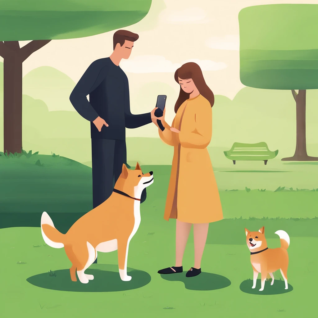 Realistic photography style,Happiness,A dog holding iphone taking selfie in dog park,green grass background, drawing of two people standing side by side, anthropomorphic Shiba Inu, precisely drawn details, natural light and shadow.