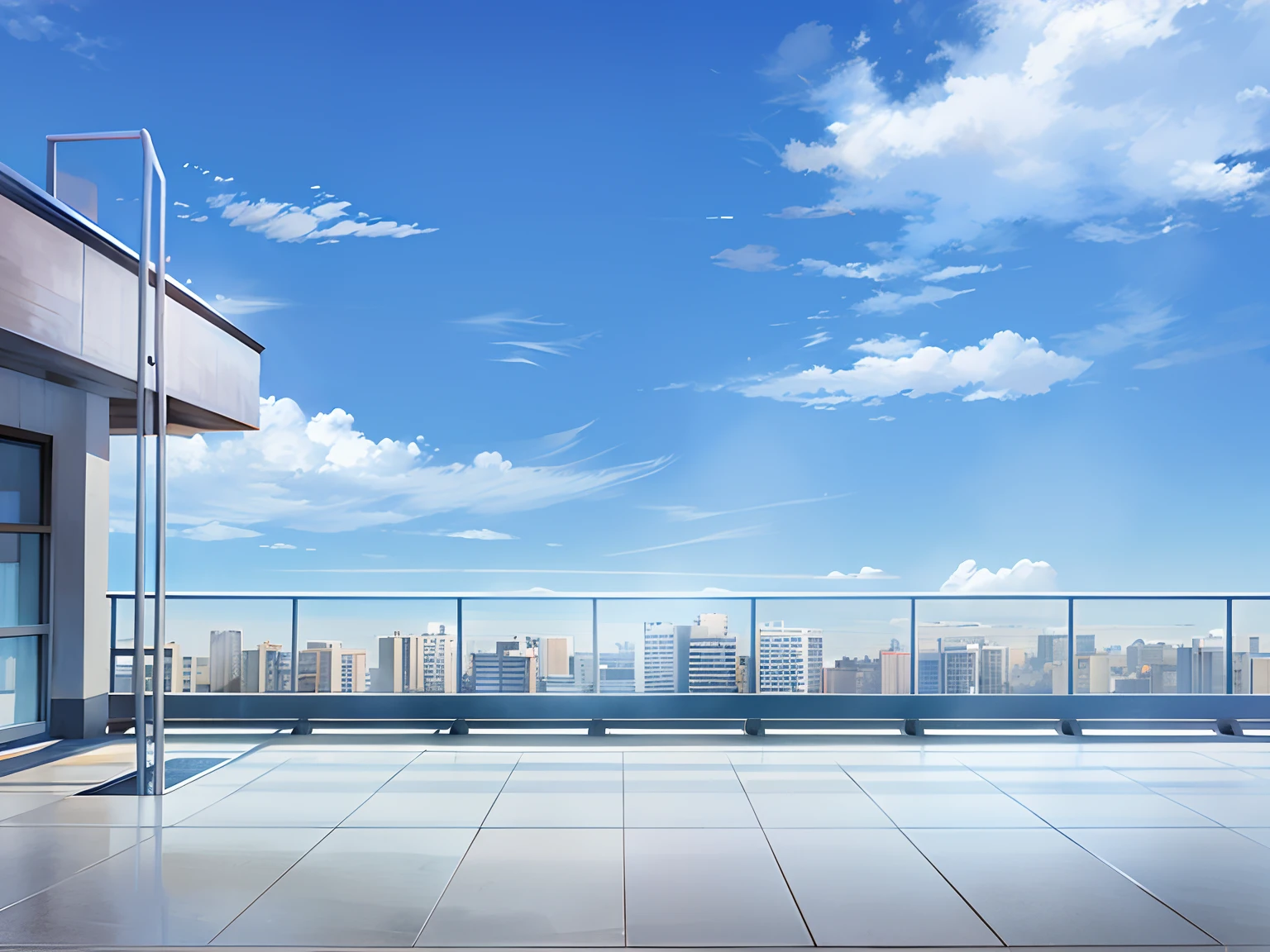 Rendering of a modern building with balcony and sky, Anime background, anime background art, anime movie background, A key visual element of an anime background, anime scenery, anime style cityscape, Secondary school education, Anime Landscape Wallpaper, 4 k manga wallpapers, colorful anime movie background, beautiful anime scenery, Anime scene, open window ib background, random background scene, hd anime cityscape