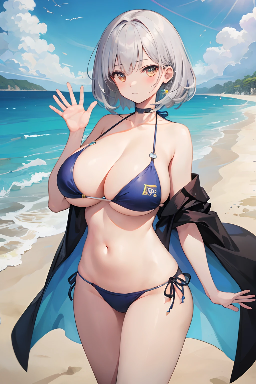 masterpiece, best quality, finely detailed, high resolution, extremely delicate and beautiful, 1girl, silver hair, (huge breasts), narrow waist, (bikini:1.2), (beach), (waving:1.2)