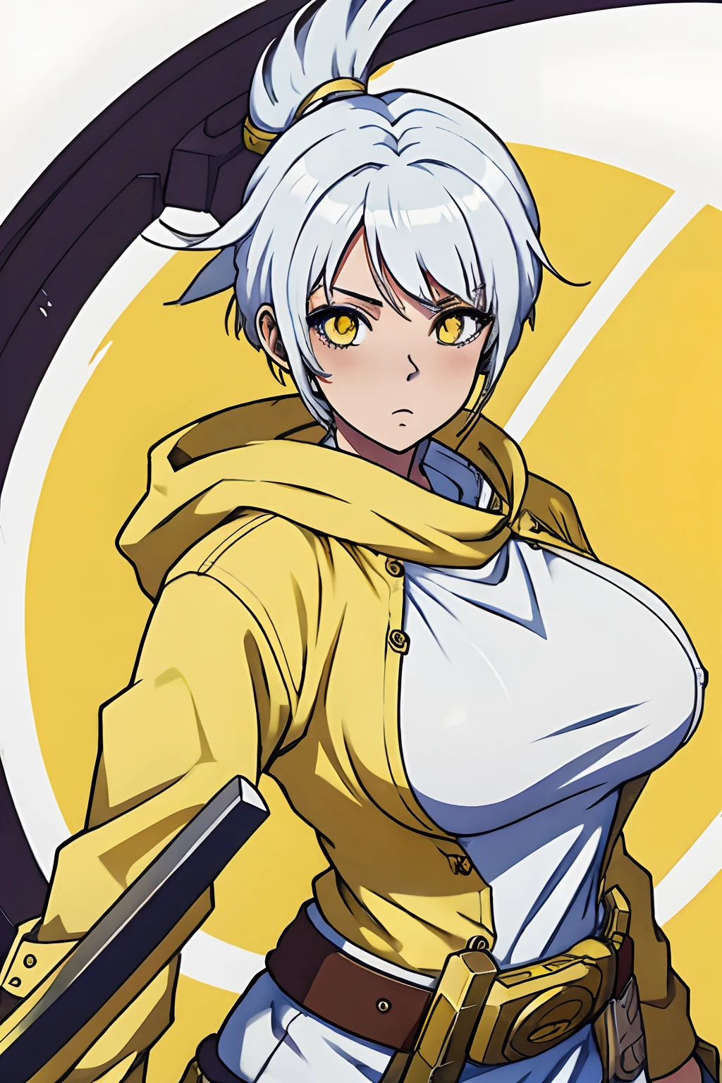 anime girl with white hair 4 yellow lock hairs low hair cut ,cowboy clothes with a little big breast , weapon halberd