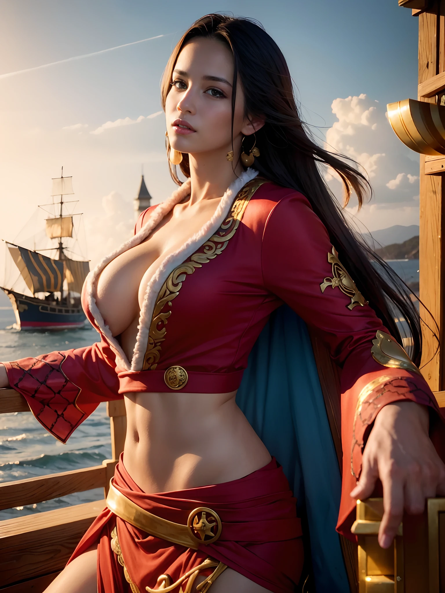 extremely beautiful hancock1, boa hancock, subtle makeup, golden hour, photorealistic, high contrast, 8k HD, detailed, hyper-detailed, realistic skin texture, long hair, crop top, side slit, long sleeves, large breast, best quality, ultra high res, raw photo, dramatic lighting, unreal engine, diffuse glow, dynamic pose, outdoor, realistic detailed pirate ship, treasure chest, gold, gold coins, gold bars.