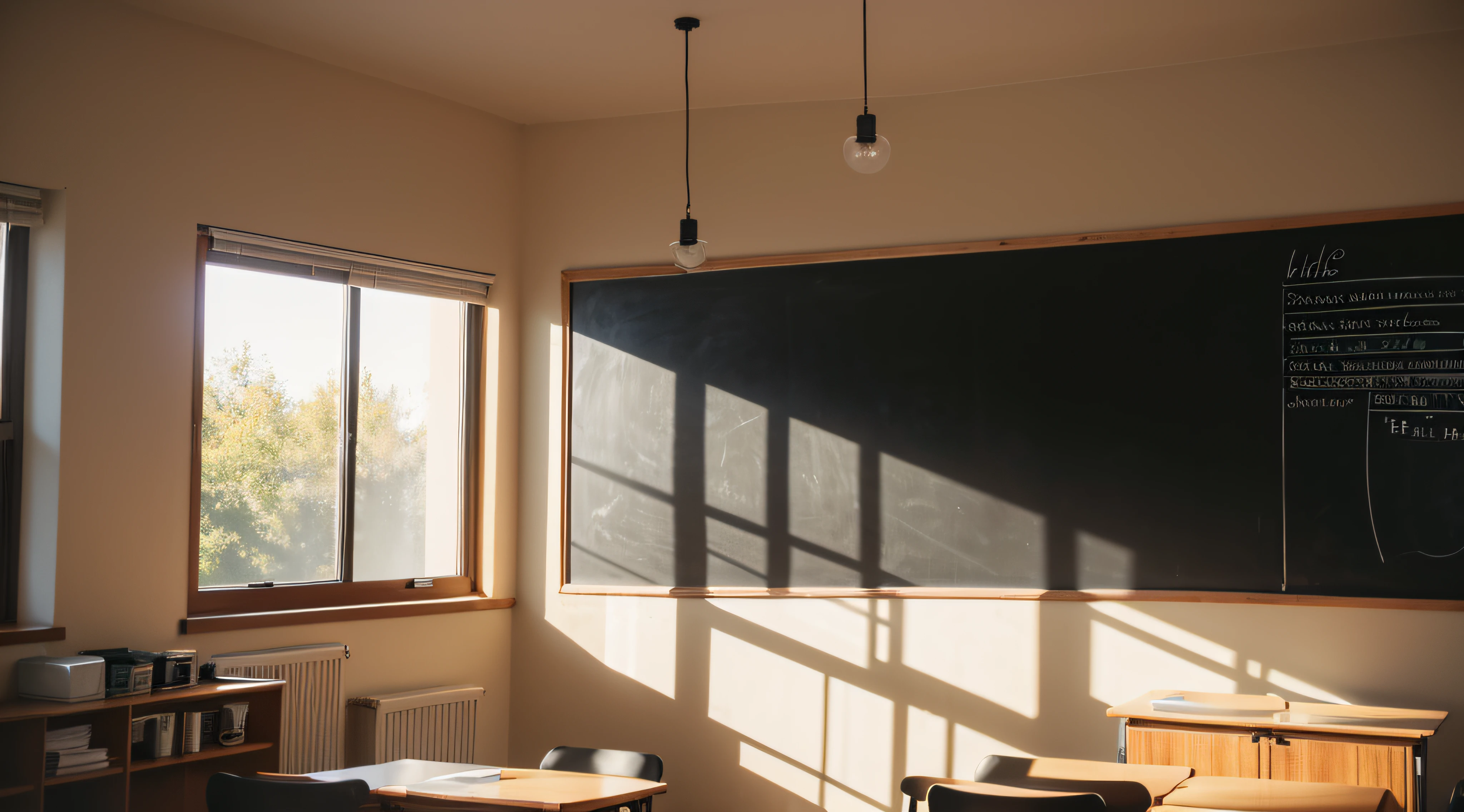 A bell hangs on the wall in the classroom，Underneath is a chalkboard，Sunlight streams in through the window on the right，The light is soft and warm