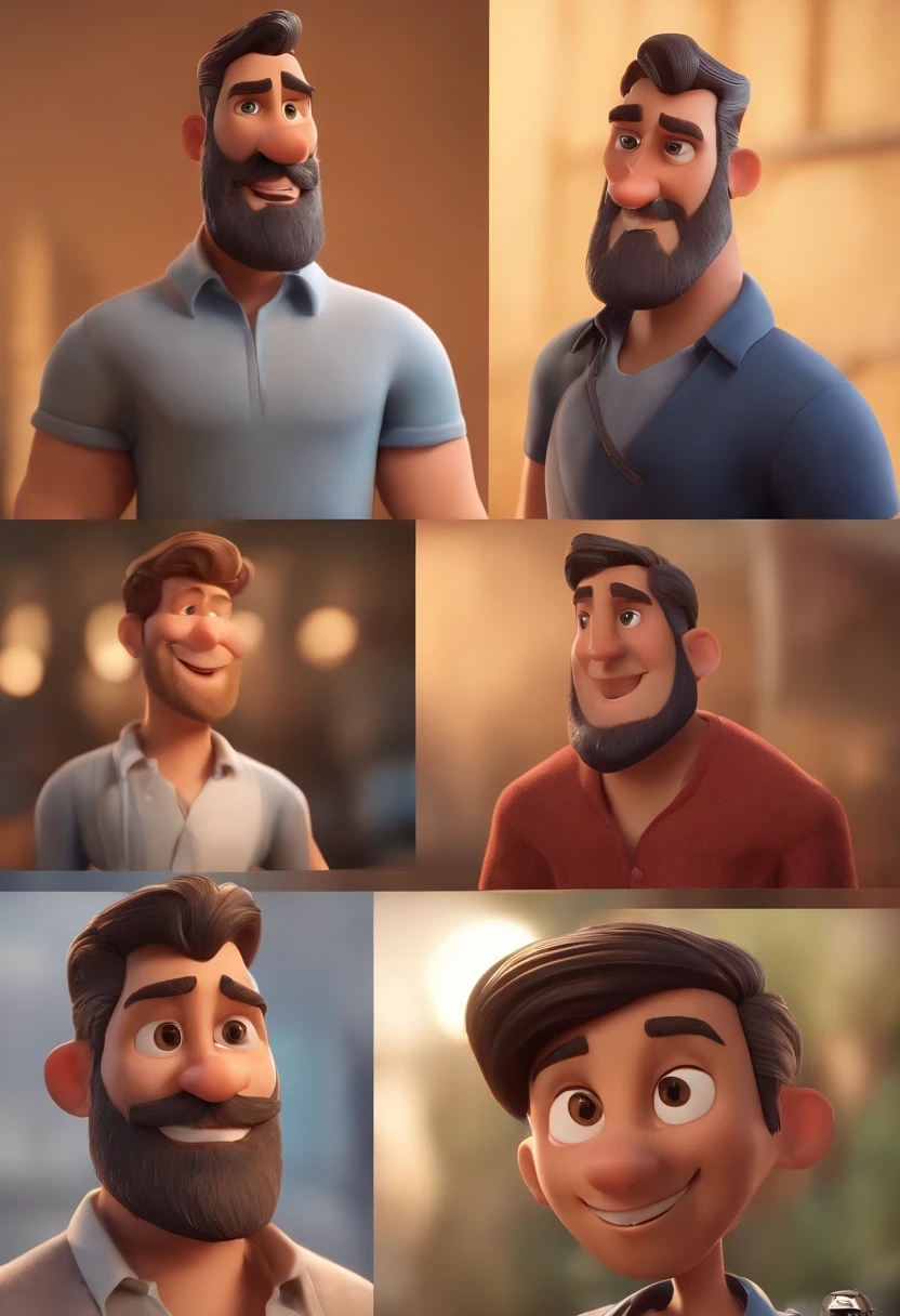 Personagem de desenho animado de um homem de barba, bem aparada e uma camisa azul, um personagem animado, Caractere estilizado, animation style rendering, 3D estilizado, Arnold Maya render, 3 d render stylized, toon render keyshot, Personagem 3D, Personagem 3D, 3d rendering stylized, 3 d character render, personagem de desenho animado, Personagem de close up, Pose de personagem, (Estilo Pixar) (master part:1.2) (Bokeh) (best quality) (pele detalhada) (textura detalhada) (8k) (argila) (Cinematic lighting) (foco nítido,Senta e vaza a parte superior do corpo