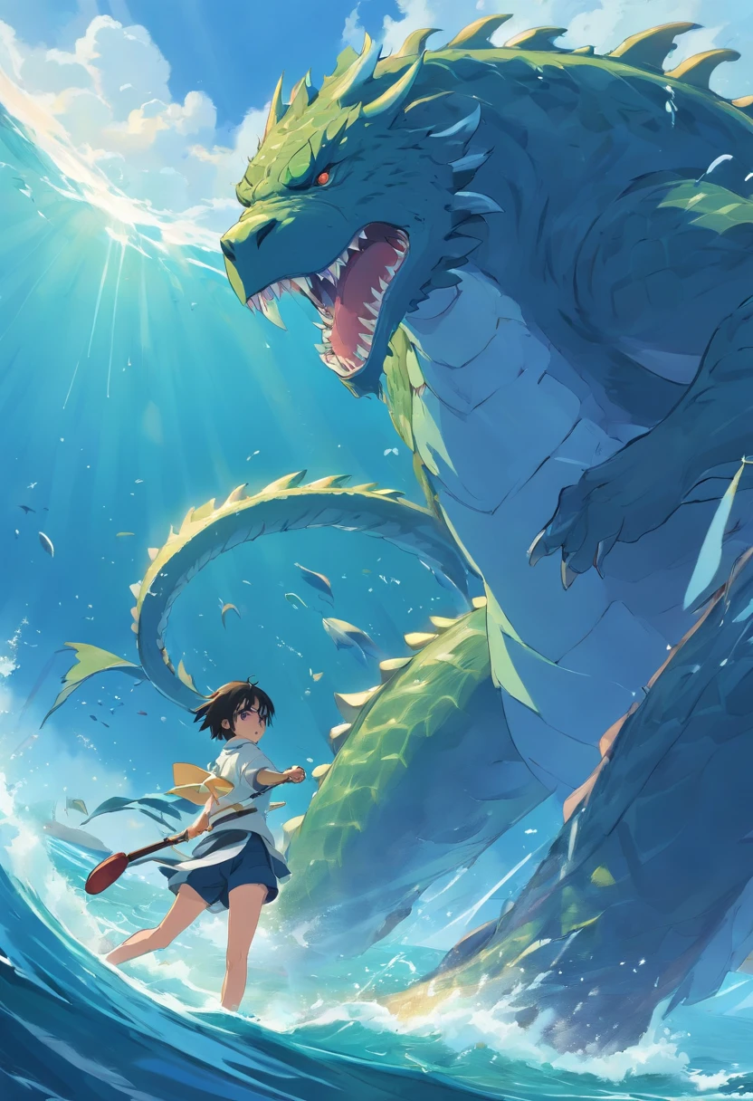 A warrior fighting a sea monster to protect his own family in high image quality