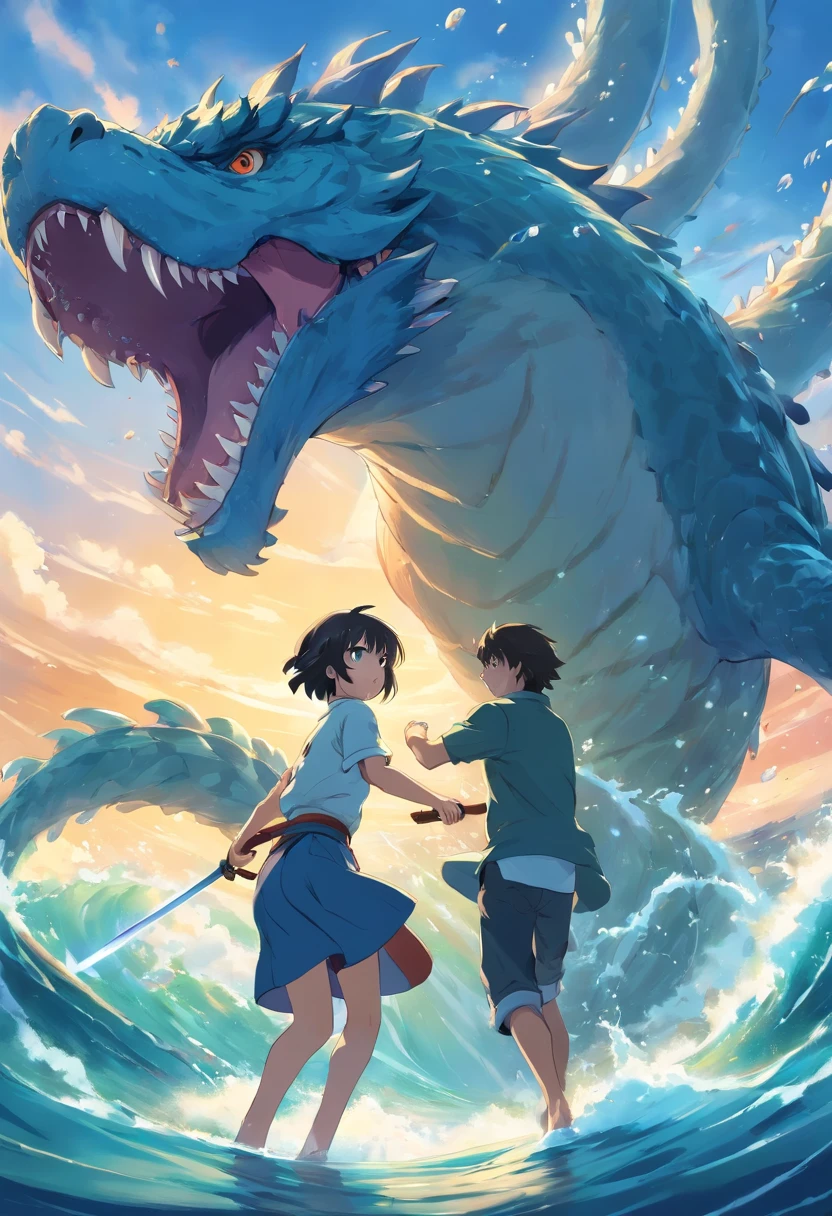 A warrior fighting a sea monster to protect his own family in high image quality
