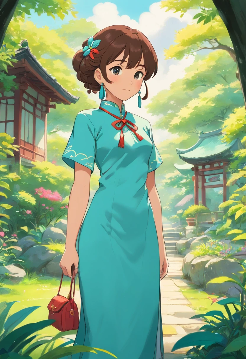 Girl in an anime collar, Long necklaces and earrings, In the style of a tranquil garden landscape, colorful animation stills, qipao dress, aquamarine, paul gauguin, Embry style, Honest portrayal