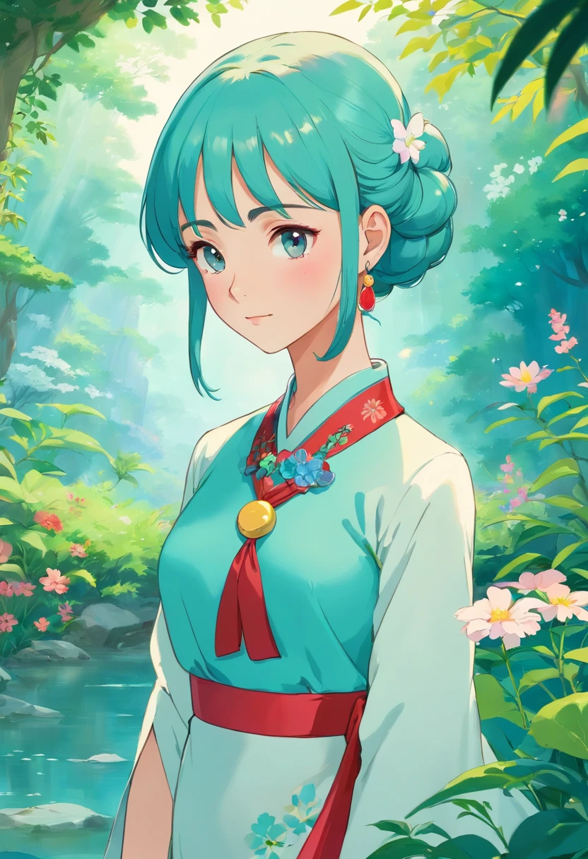 Girl in an anime collar, Long necklaces and earrings, In the style of a tranquil garden landscape, colorful animation stills, qipao dress, aquamarine, paul gauguin, Embry style, Honest portrayal
