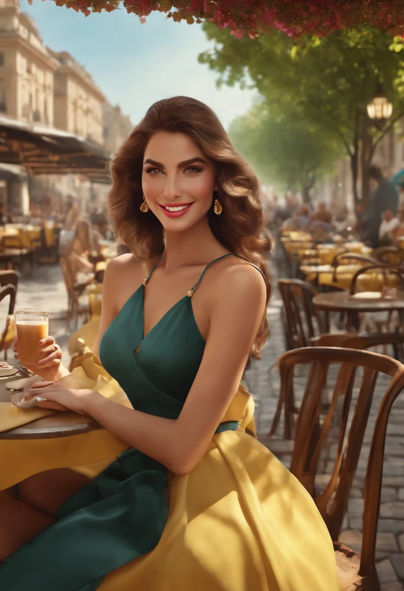 ((Best Quality, 8K, Masterpiece: 1.3)), Upper Body (1.3), Colossal (5), Outstanding Style, Gentle Face, Parallel Eyebrows, Smile, Natural Makeup, Clothes that emphasize cleavage, Refreshing, Eat lunch at a café in the sun through the trees in the city